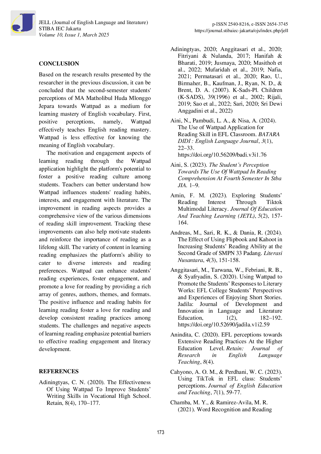JURIS The Student s Perception of The Use of Wattpad in Reading Mastery Through Story For Eleventh Students at MA Matholibul Huda Mlonggo in Academic Year 2023