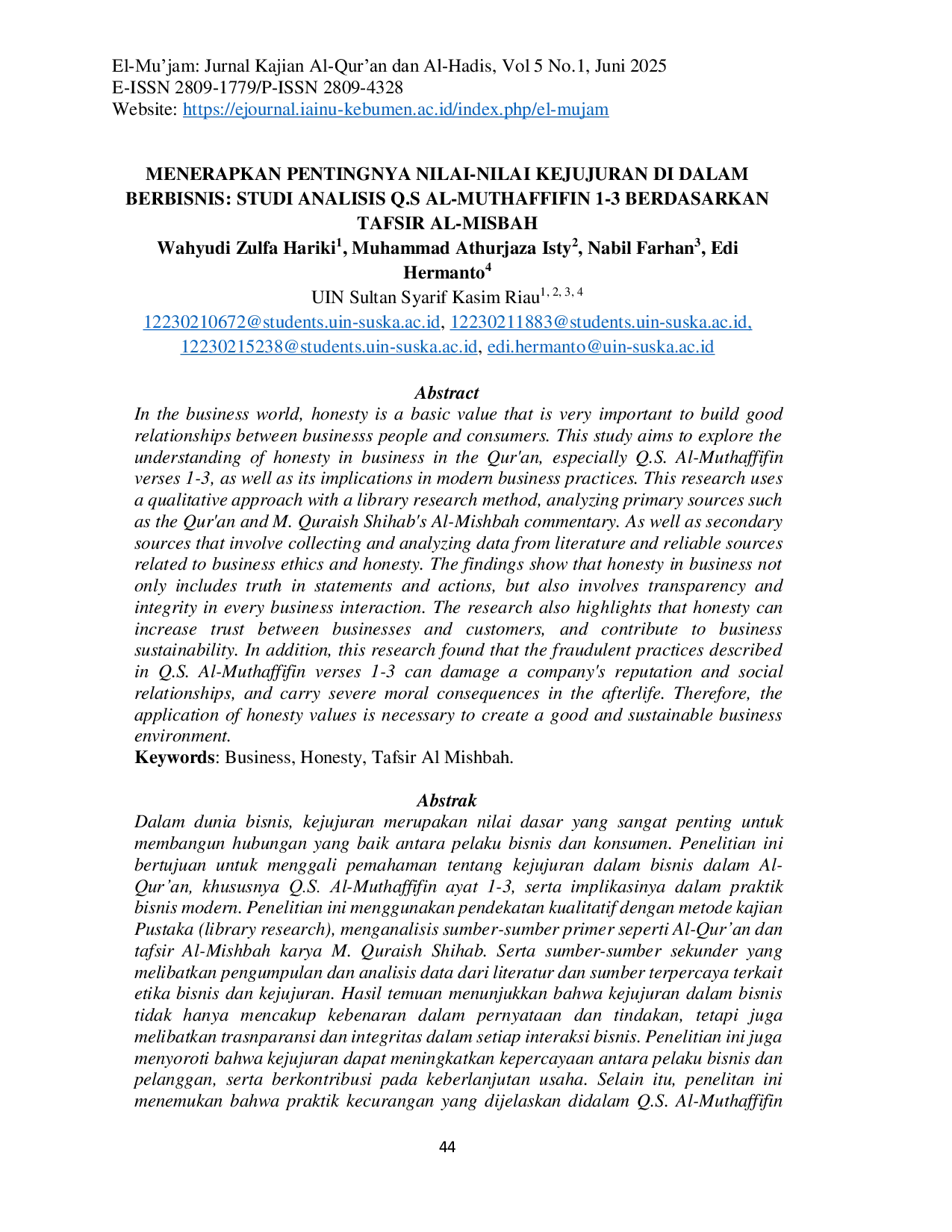 JURIS Applying the Importance of Honesty Values in Business A Study Analysis of Q S Al Muthaffifin 1 3 Based on Tafsir Al Mishbah
