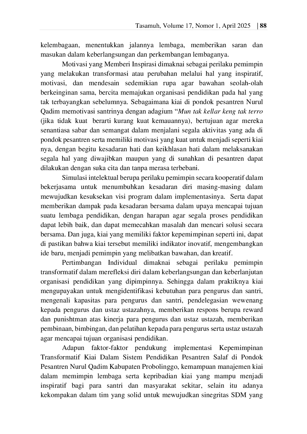 JURIS Kepemimpinan Transformatif Kiai Dalam Sistem Pendidikan Pesantren Salaf Di Pondok Pesantren Nurul Qadim Kabupaten Probolinggo
