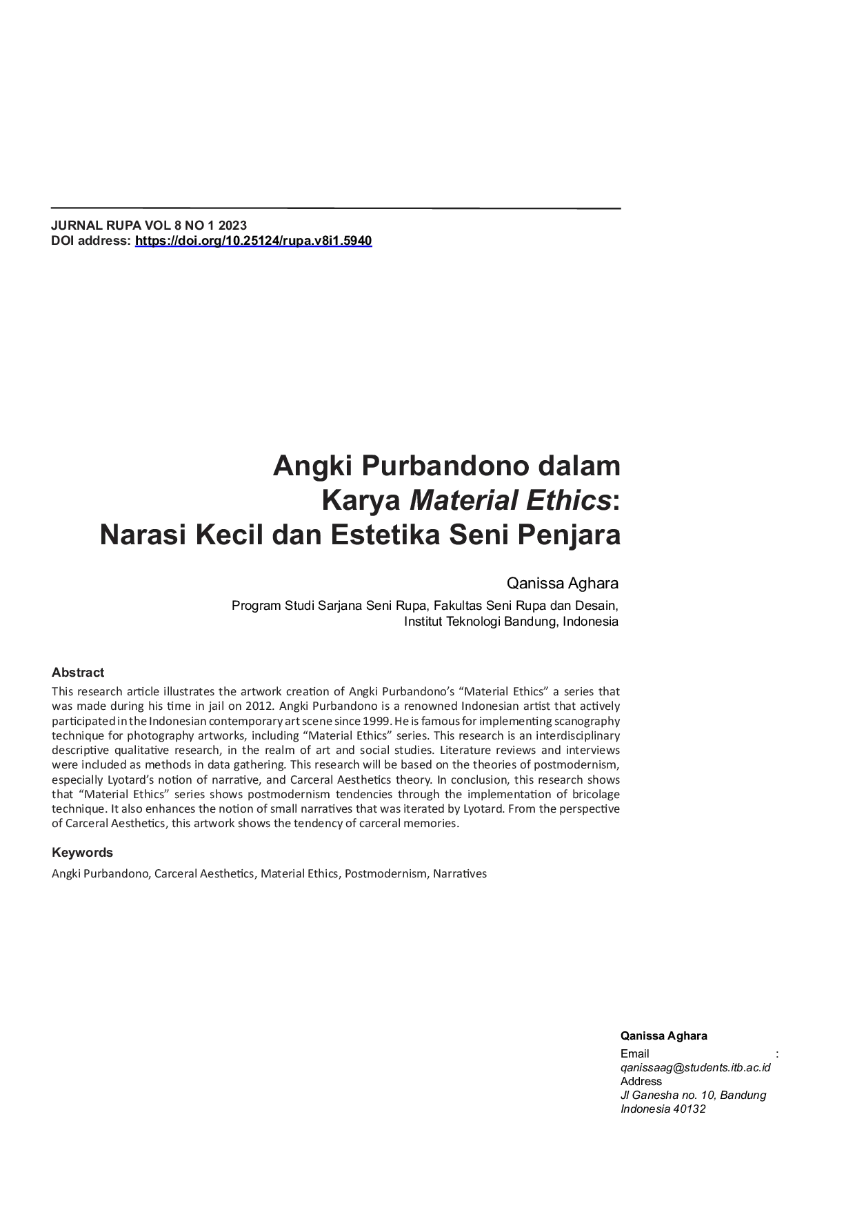 JURIS Angki Purbandono dalam Karya Material Ethics Narasi Kecil dan Estetika Seni Penjara