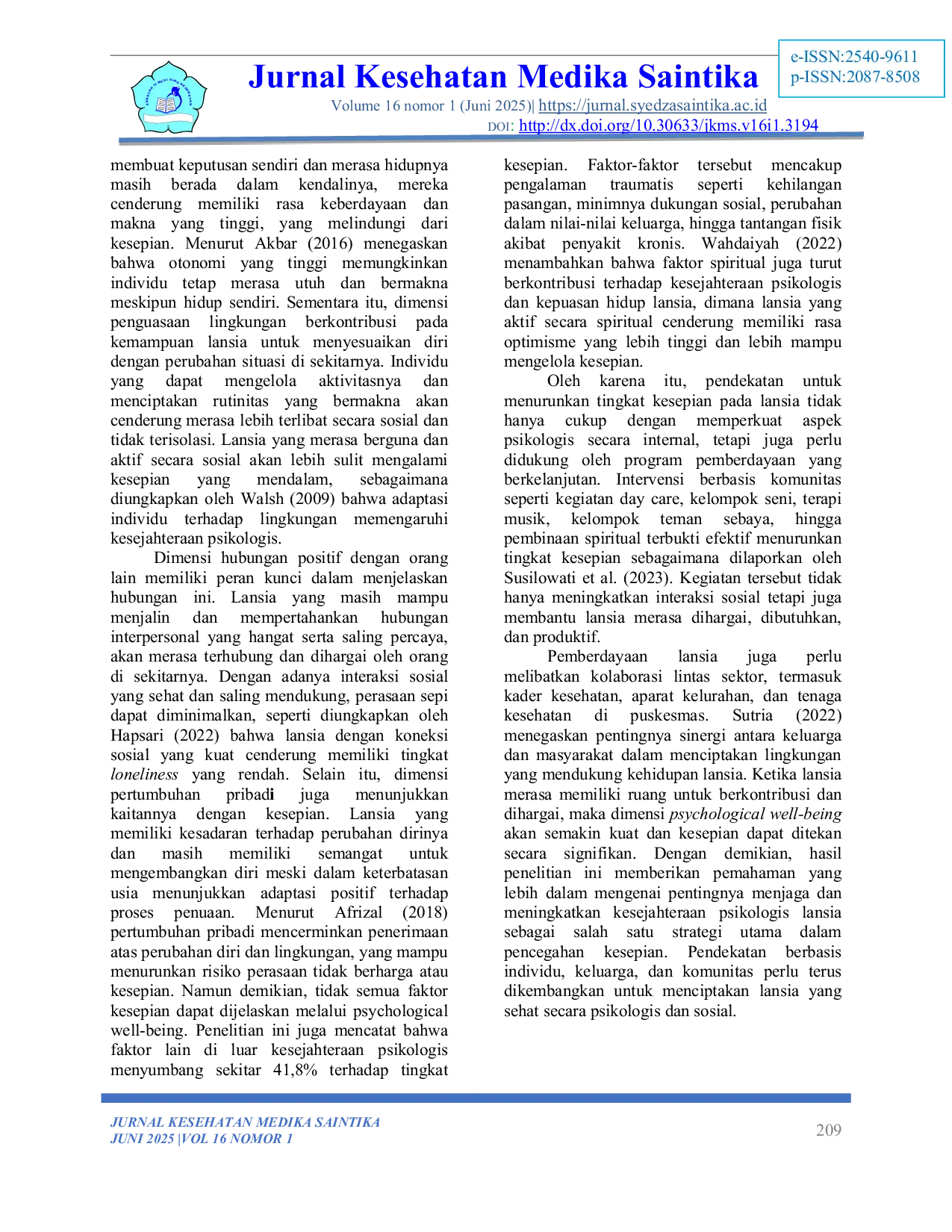 JURIS Pengaruh Psychological Well Being terhadap Tingkat Kesepian pada Lansia Sebuah Studi Kuantitatif