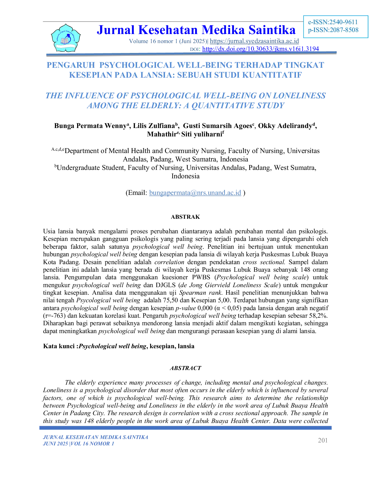 JURIS Pengaruh Psychological Well Being terhadap Tingkat Kesepian pada Lansia Sebuah Studi Kuantitatif