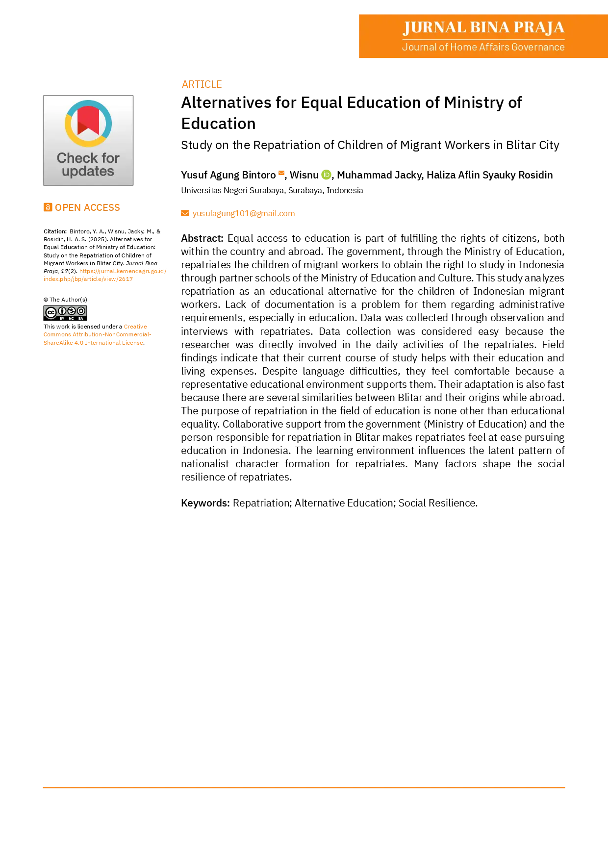 juris Alternatif Pemerataan Pendidikan Kementerian Pendidikan Studi Repatriasi Anak Pekerja Migran Kota Blitar