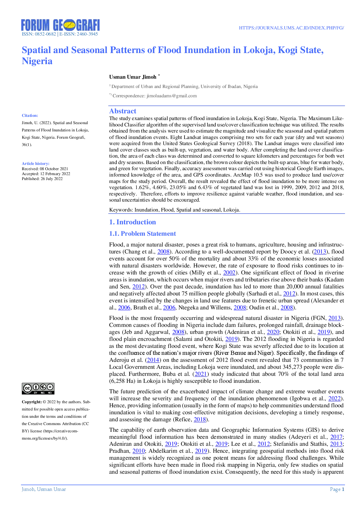 juris Spatial and Seasonal Patterns of Flood Inundation in Lokoja Kogi State Nigeria