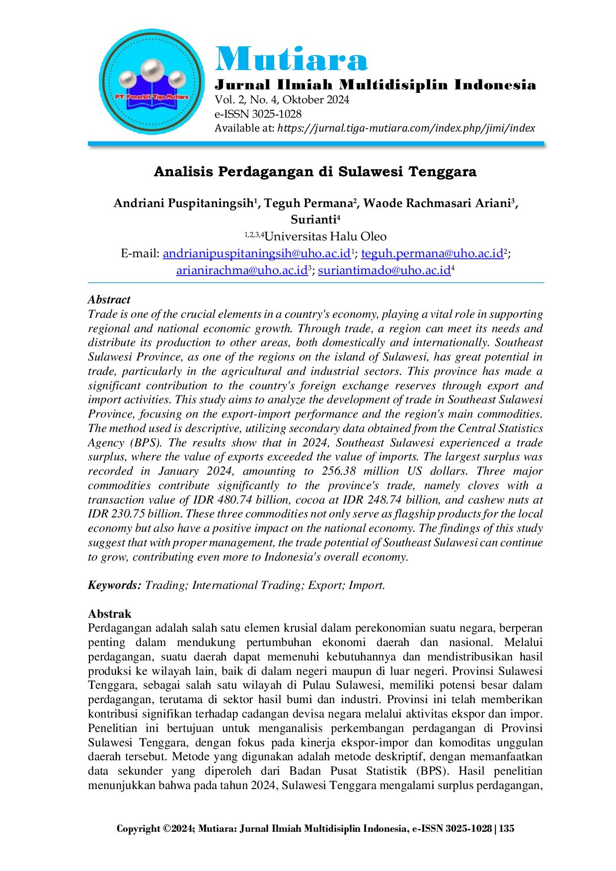 JURIS Analisis Perdagangan di Sulawesi Tenggara