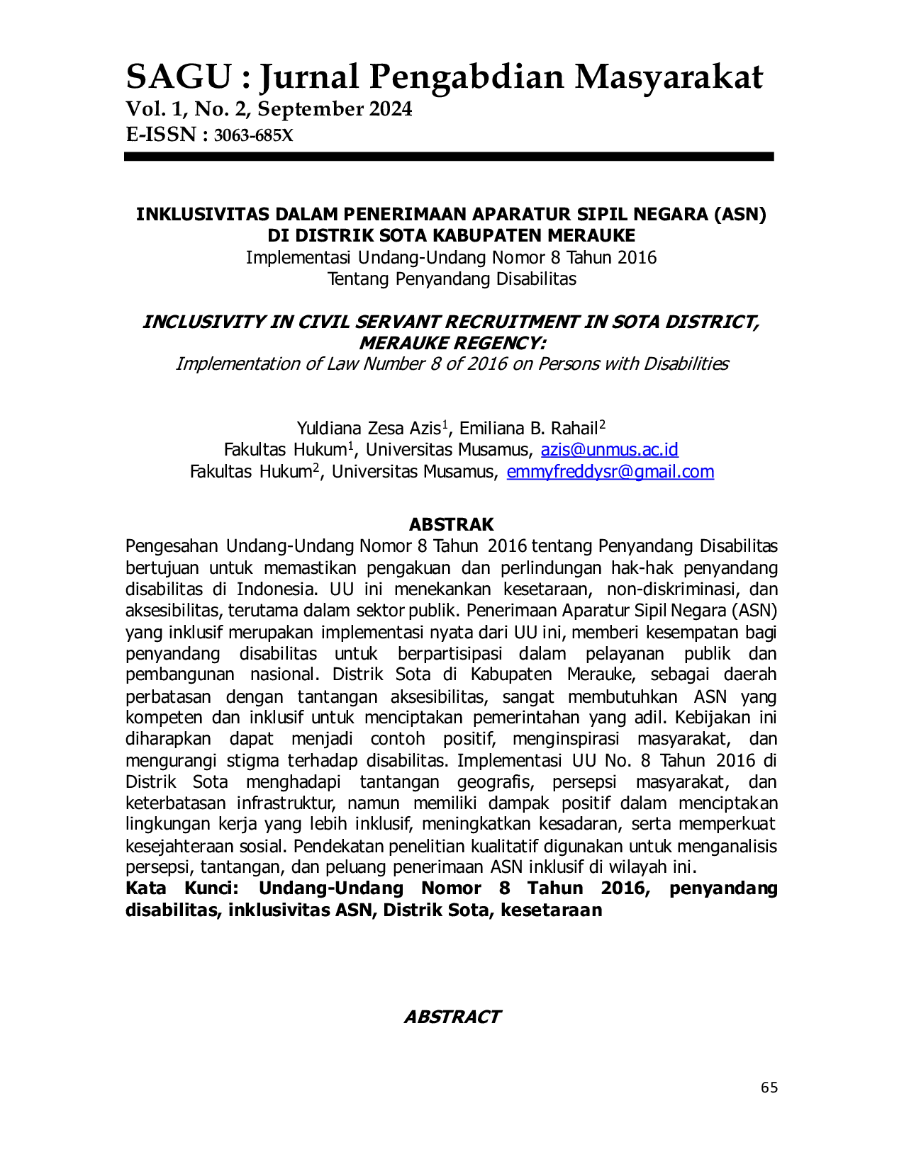 JURIS INCLUSIVITY IN CIVIL SERVANT RECRUITMENT IN SOTA DISTRICT MERAUKE REGENCY Implementation of Law Number 8 of 2016 on Persons with Disabilities
