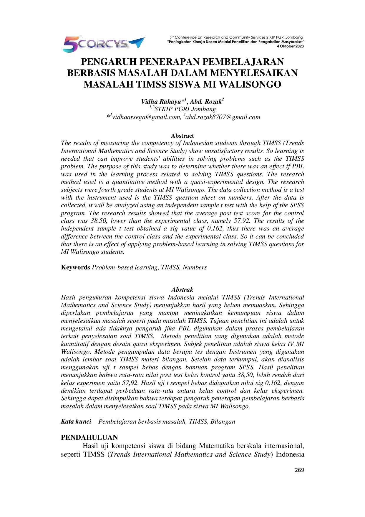 JURIS Pengaruh Penerapan Pembelajaran Berbasis Masalah dalam Menyelesaikan Masalah TIMSS Siswa MI Walisongo