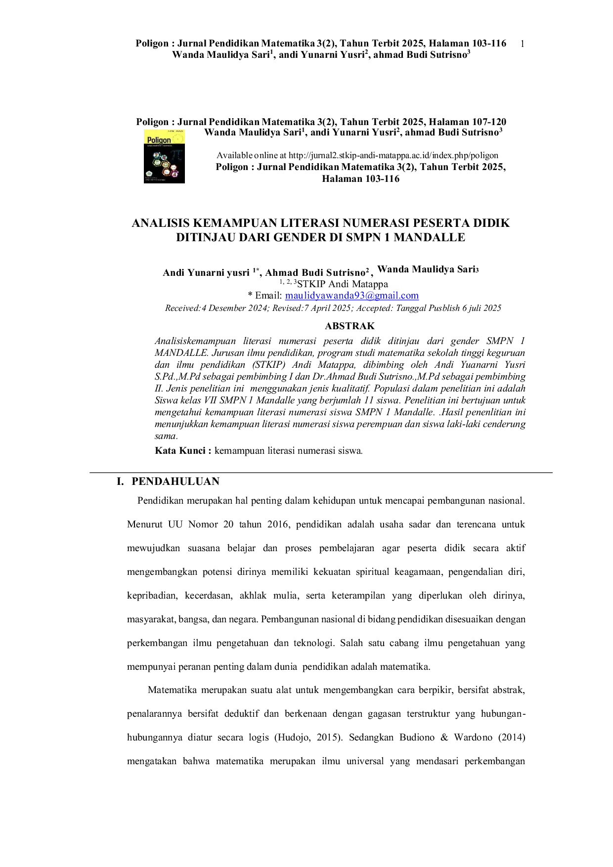 JURIS Analisis Kemampuan Literasi Numerasi Peserta Didik Ditinjau dari Gender di SMPN 1 Mandalle