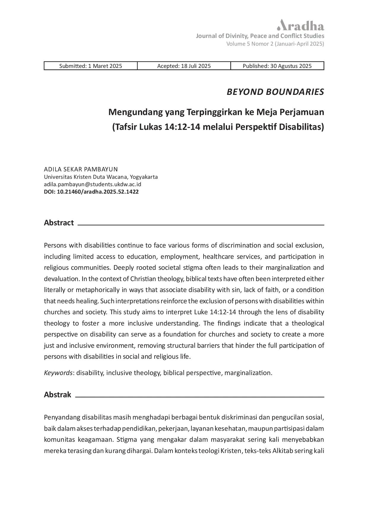 JURIS Beyond Boundaries Mengundang yang Terpinggirkan ke Meja Perjamuan Tafsir Lukas 14 12 14 melalui Perspektif Disabilitas