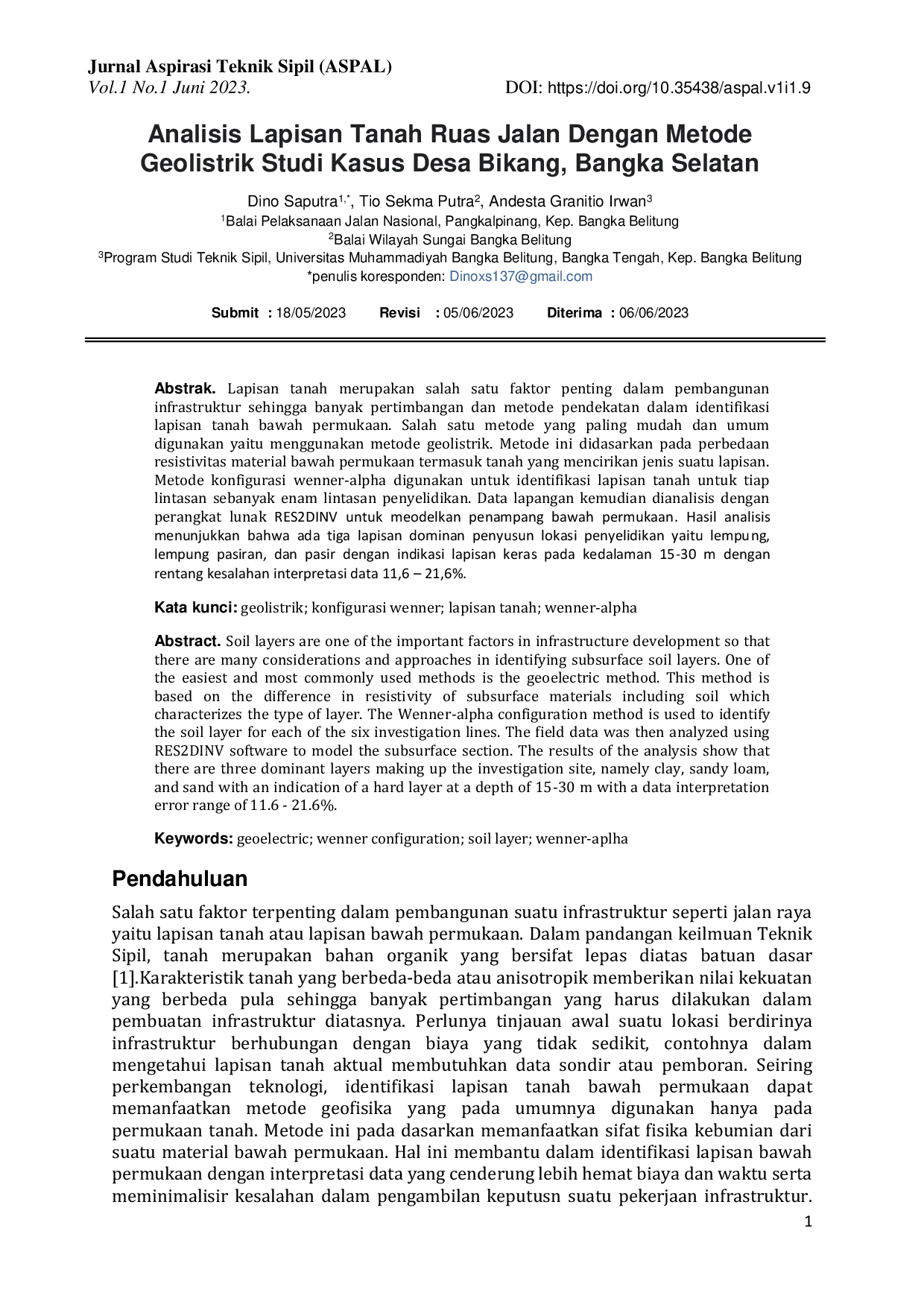 JURIS Analisis Lapisan Tanah Ruas Jalan Dengan Metode Geolistrik Studi Kasus Desa Bikang Bangka Selatan