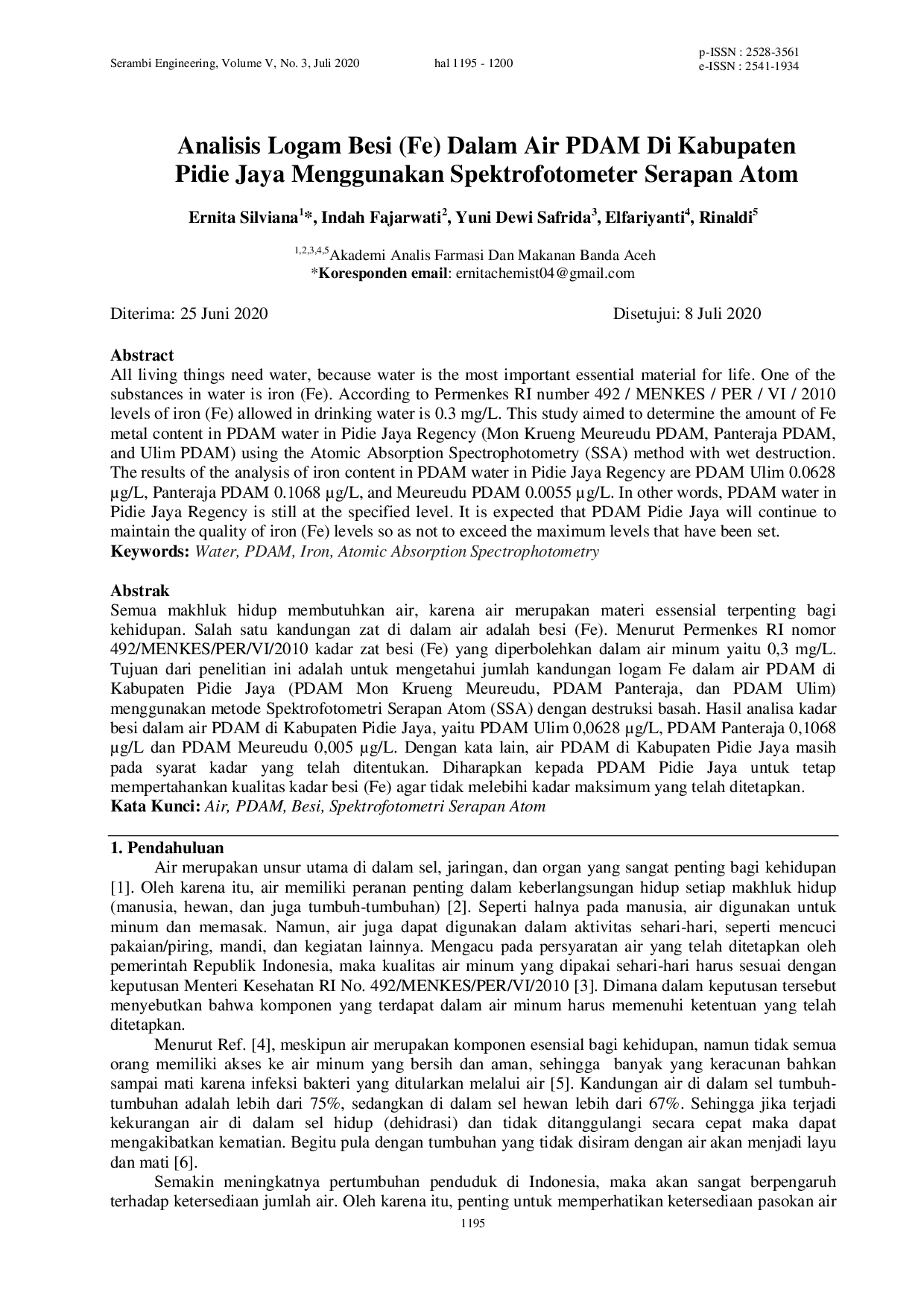 JURIS Analisis Logam Besi Fe Dalam Air PDAM Di Kabupaten Pidie Jaya Menggunakan Spektrofotometer Serapan Atom