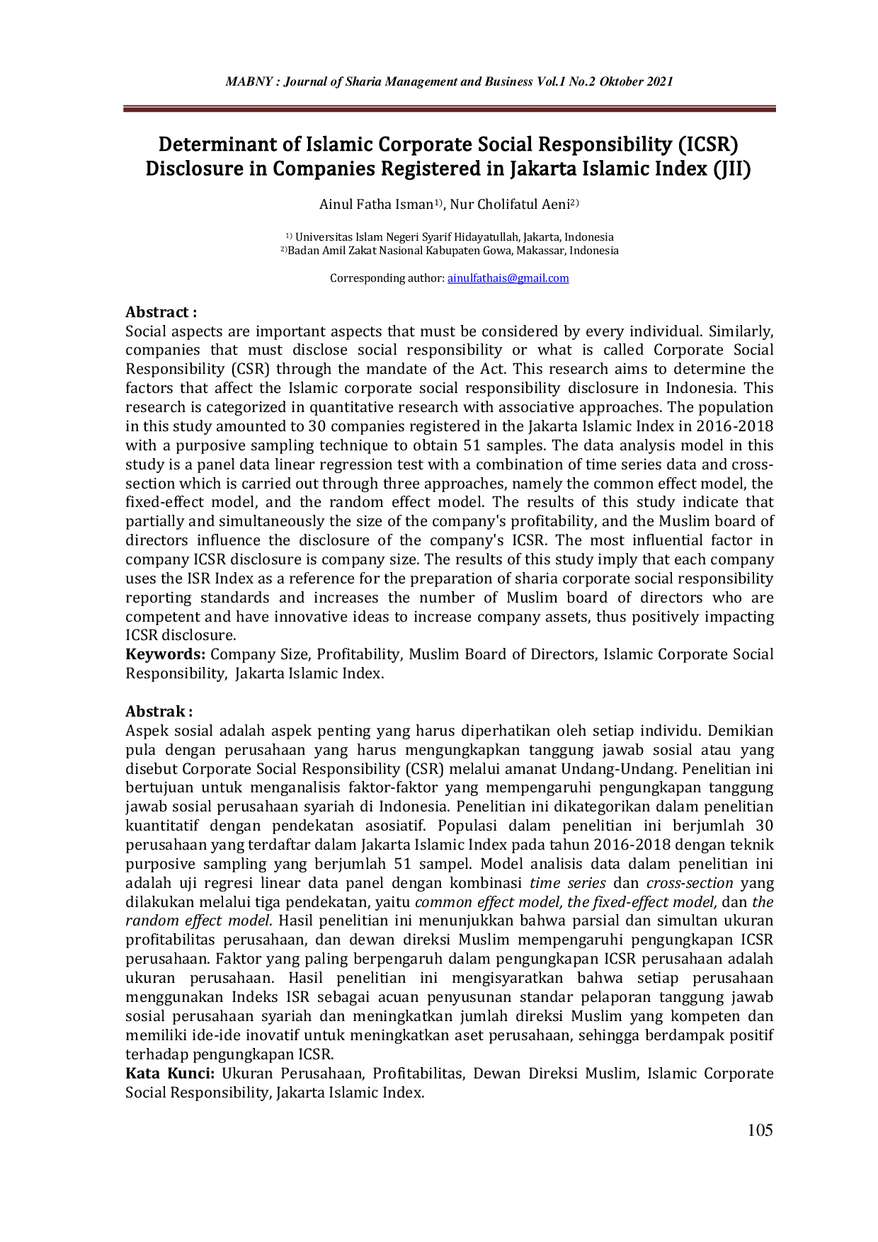 JURIS Determinant of Islamic Corporate Social Responsibility ICSR Disclosure in Companies Registered in Jakarta Islamic Index JII
