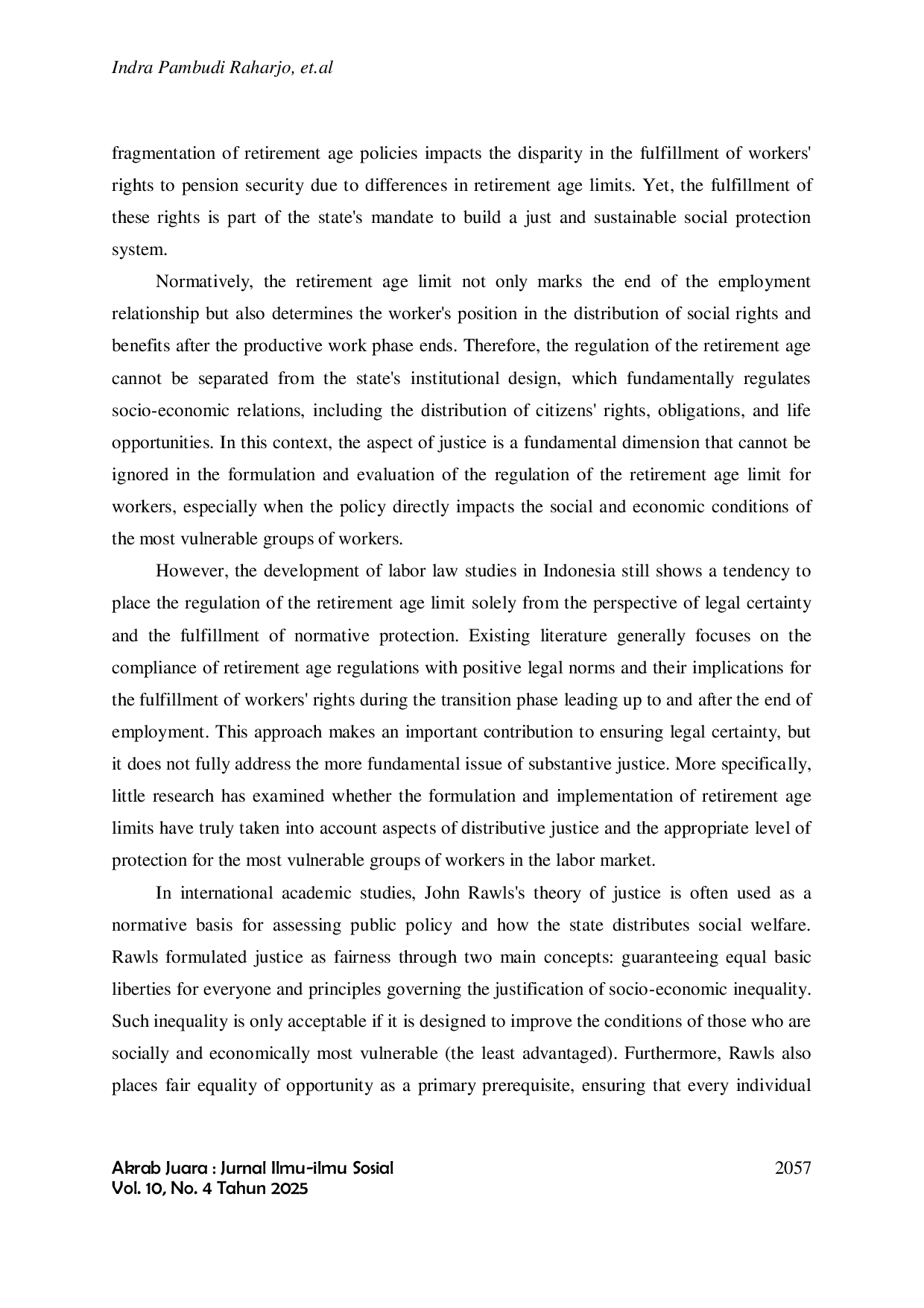 JURIS John Rawls Justice Review Of The Retirement Age Limit For Indonesian Workers