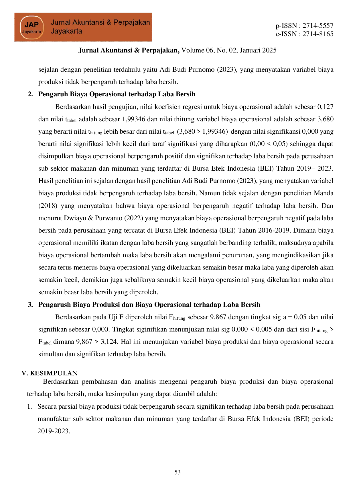 JURIS Pengaruh Biaya Produksi dan Biaya Operasional Terhadap Laba Bersih Perusahaan Studi Pada Sub Sektor Manufaktur Industri Makanan dan Minuman yang Terdaftar di Bursa Efek Indonesia BEI Tahun 2019 202