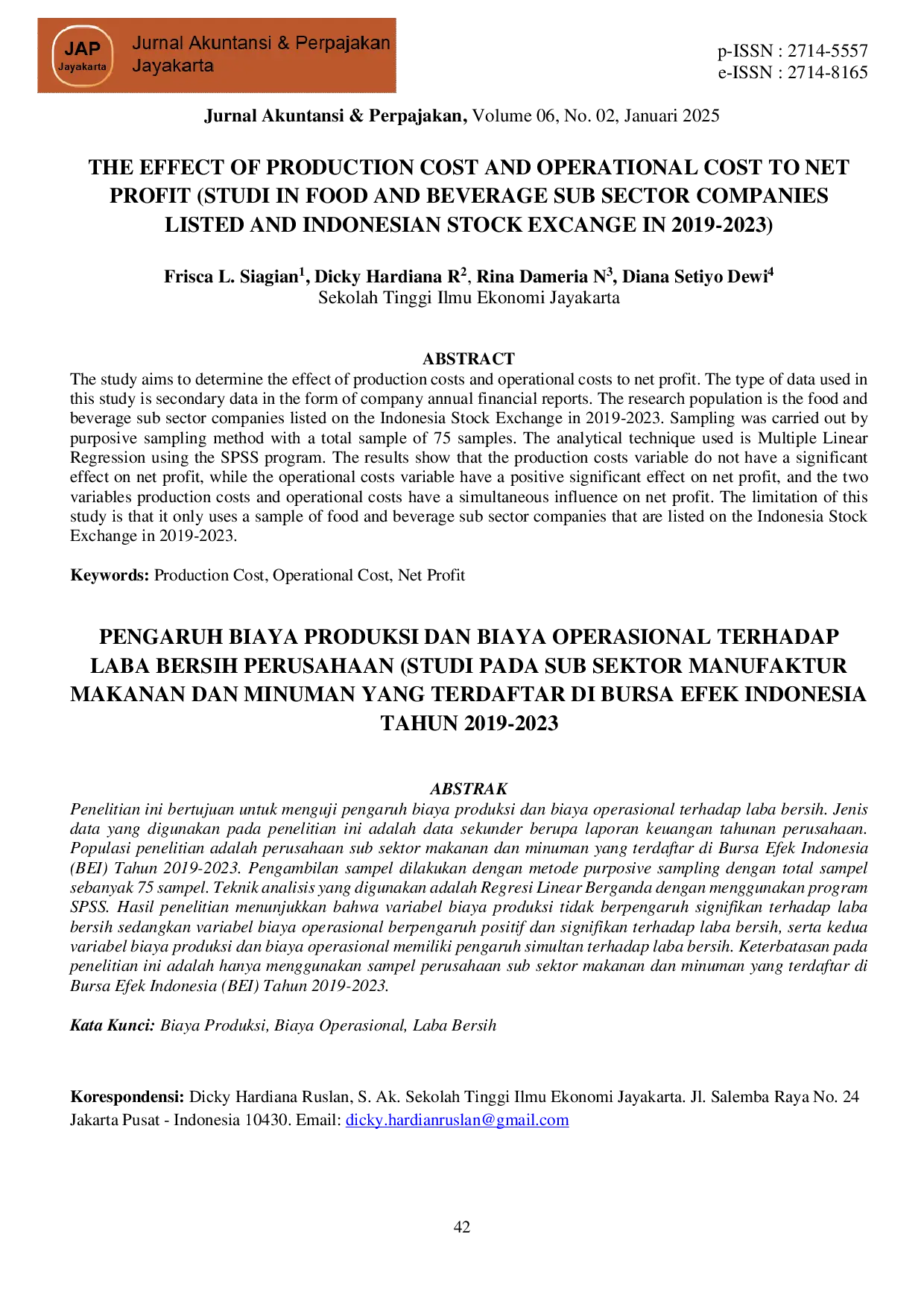 JURIS Pengaruh Biaya Produksi dan Biaya Operasional Terhadap Laba Bersih Perusahaan Studi Pada Sub Sektor Manufaktur Industri Makanan dan Minuman yang Terdaftar di Bursa Efek Indonesia BEI Tahun 2019 202