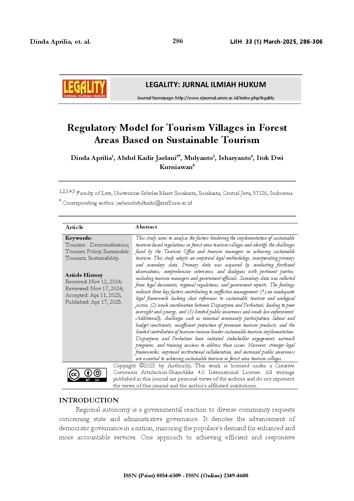 juris Regulatory model for tourism villages in forest areas based on sustainable tourism