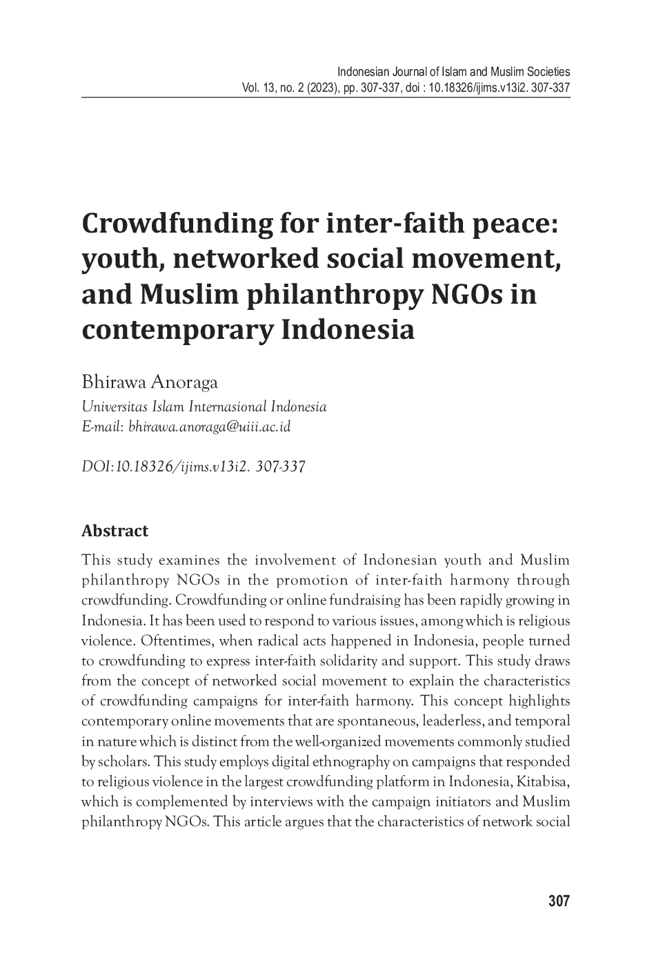 JURIS Crowdfunding for inter faith peace youth networked social movement and muslim philanthropy NGOs in contemporary Indonesia