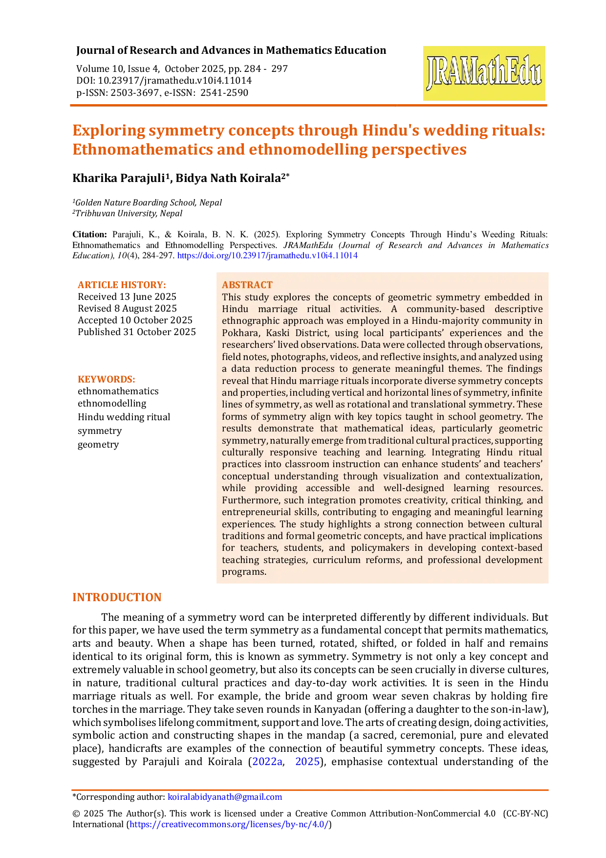 JURIS Exploring symmetry concepts through Hindu s weeding rituals Ethnomathematics and ethnomodelling perspectives