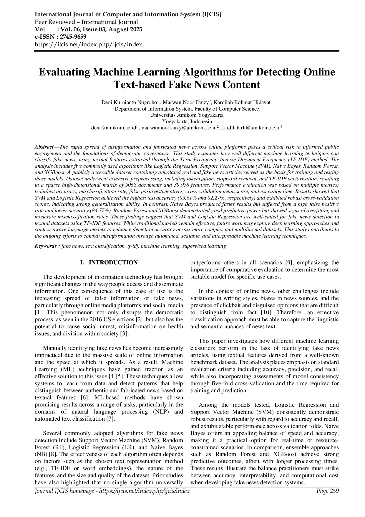 JURIS Evaluating Machine Learning Algorithms for Detecting Online Text based Fake News Content