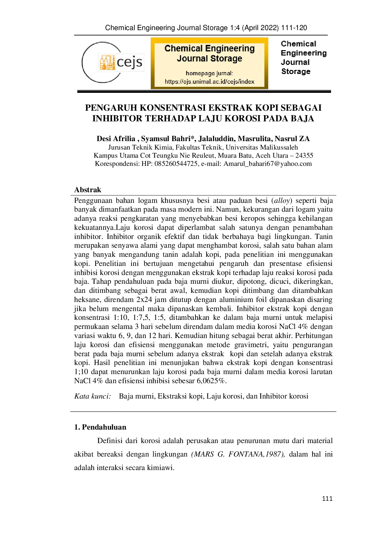 JURIS PENGARUH KONSENTRASI EKSTRAK KOPI SEBAGAI INHIBITOR TERHADAP LAJU KOROSI PADA BAJA