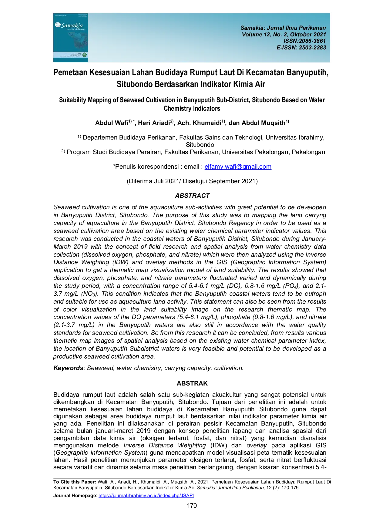 JURIS Pemetaan Kesesuaian Lahan Budidaya Rumput Laut Di Kecamatan Banyuputih Situbondo Berdasarkan Indikator Kimia Air