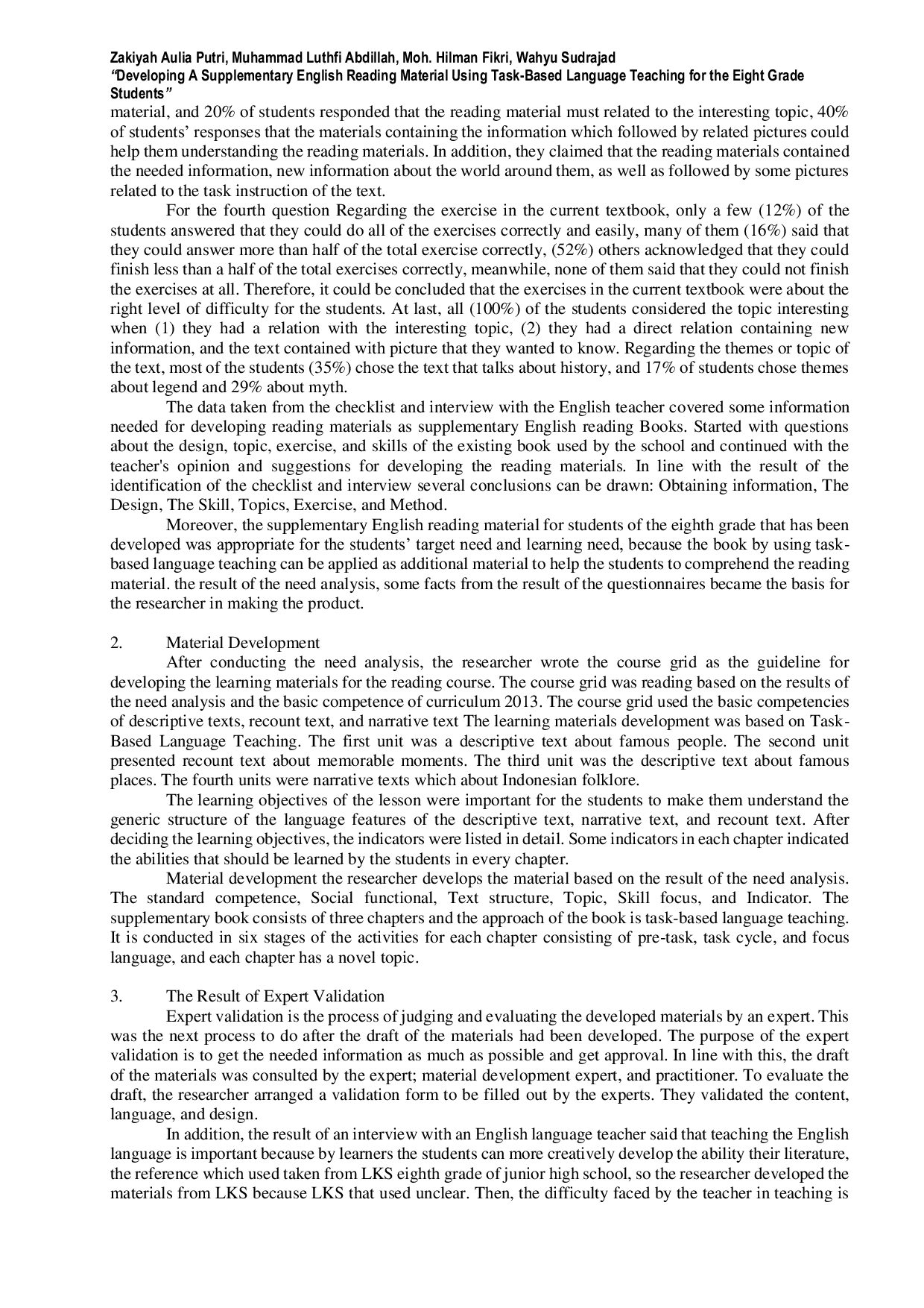 JURIS Developing A Supplementary English Reading Material Using Task Based Language Teaching For Intermediate School