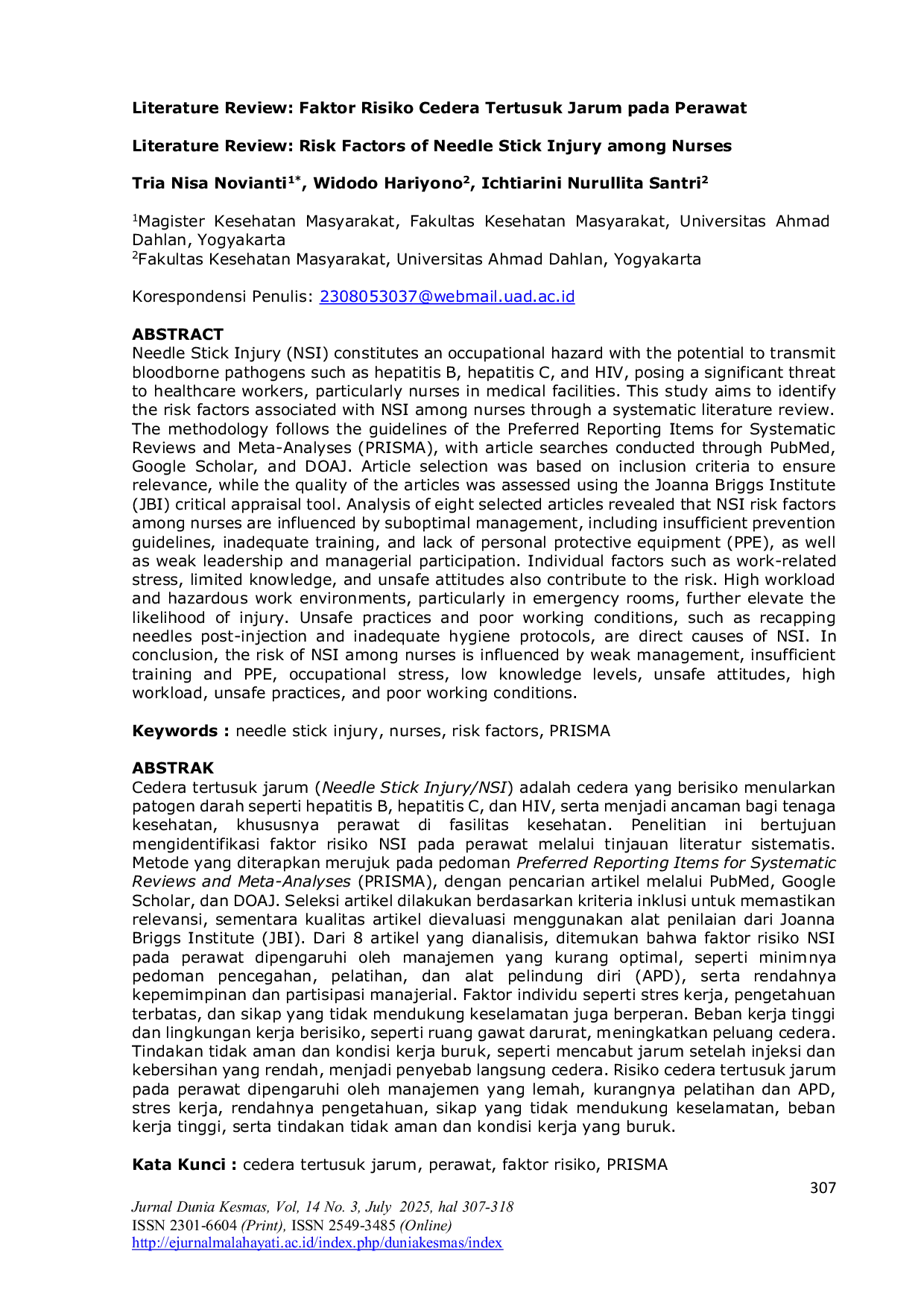 JURIS Faktor Faktor Risiko yang Berhubungan dengan Cedera Tertusuk Jarum pada Perawat Tinjauan Literatur