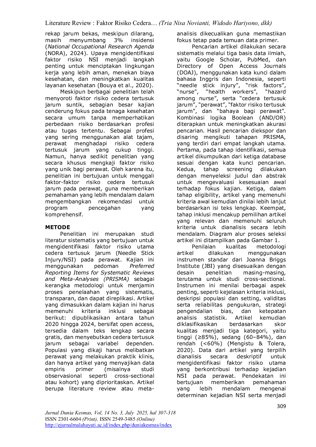 JURIS Faktor Faktor Risiko yang Berhubungan dengan Cedera Tertusuk Jarum pada Perawat Tinjauan Literatur