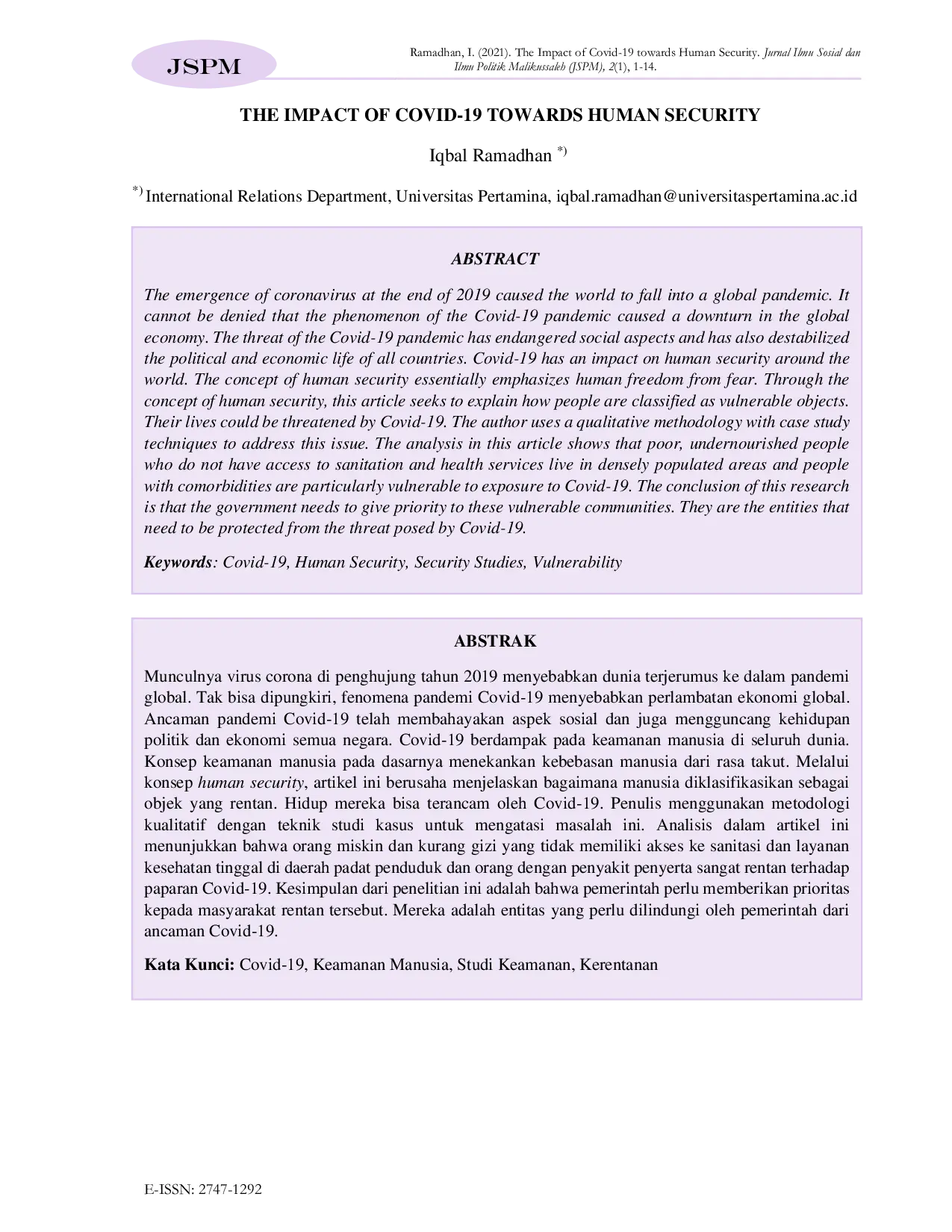 JURIS The Impact of Covid 19 Towards Human Security