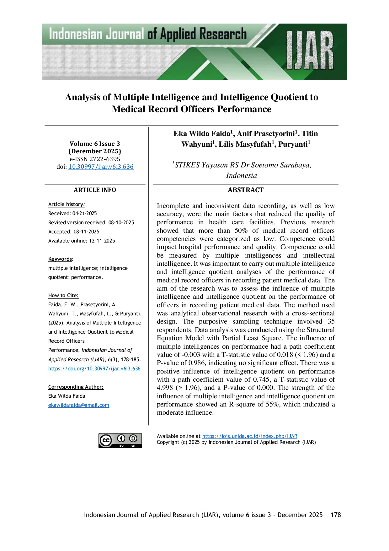 JURIS Analysis of Multiple Intelligence and Intelligence Quotient to Medical Record Officers Performance