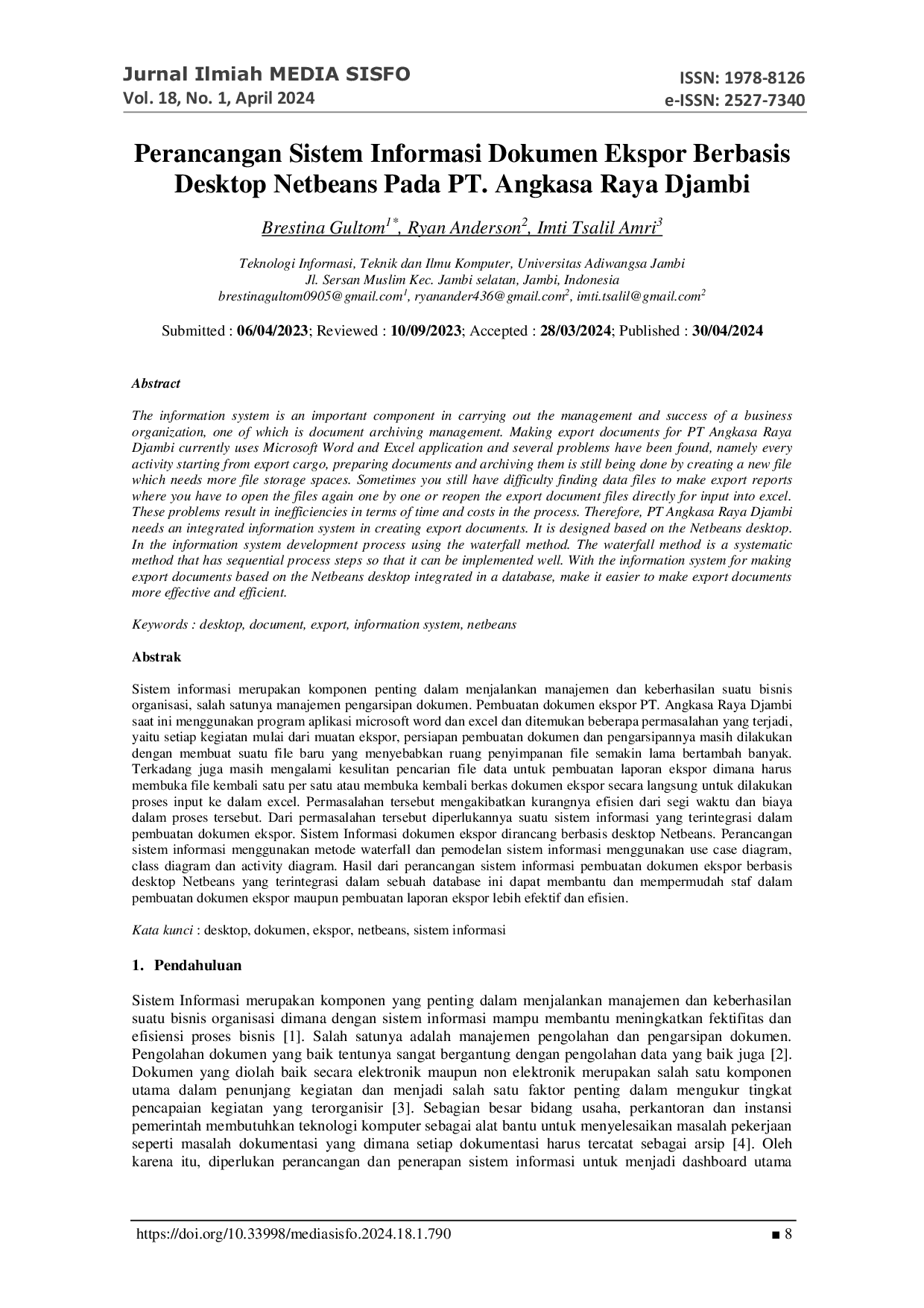 JURIS Perancangan Sistem Informasi Dokumen Ekspor Berbasis Desktop Netbeans Pada PT Angkasa Raya Djambi