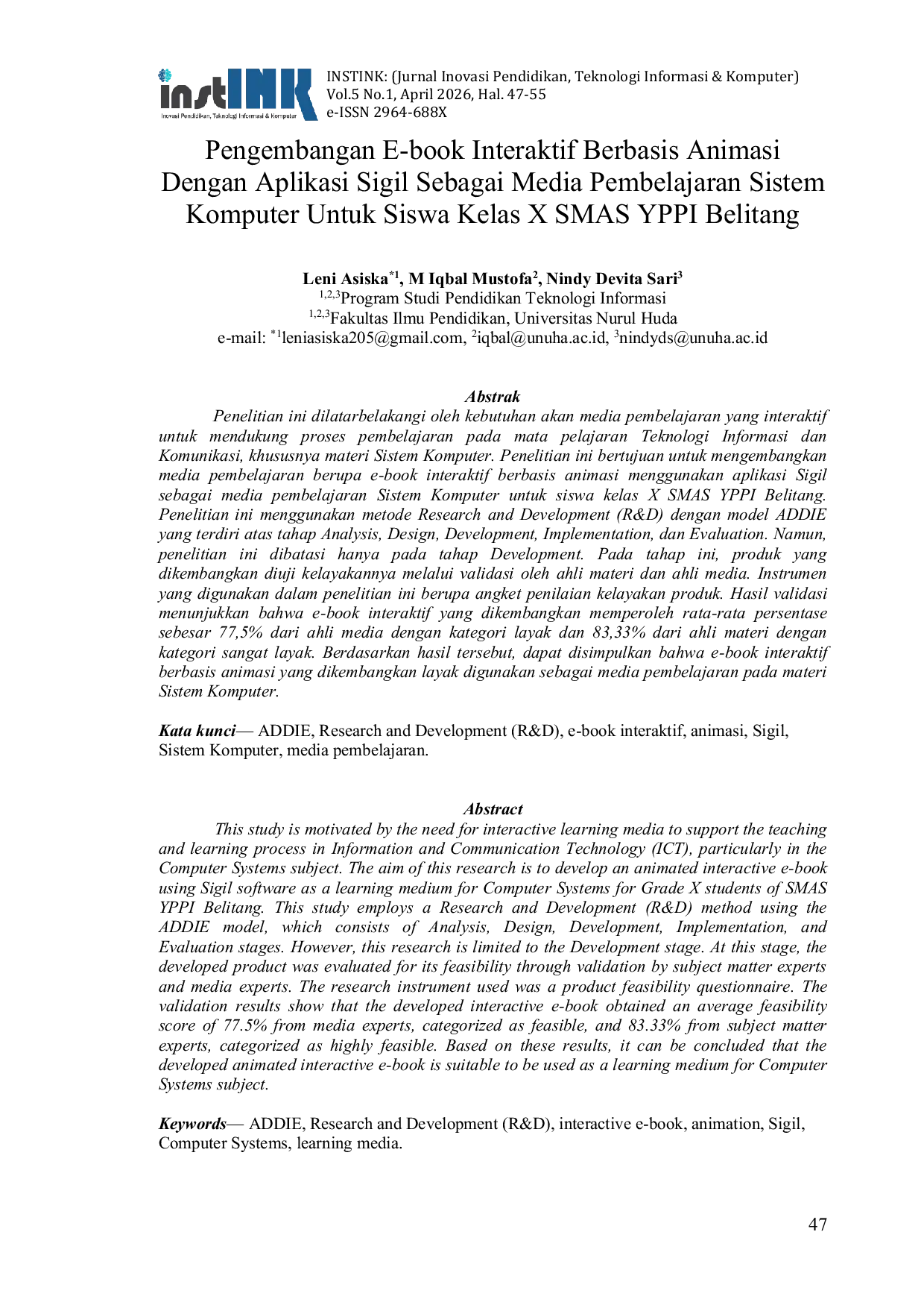 JURIS Pengembangan E book Interaktif Berbasis Animasi Dengan Aplikasi Sigil Sebagai Media Pembelajaran Sistem Komputer Untuk Siswa Kelas X SMAS YPPI Belitang