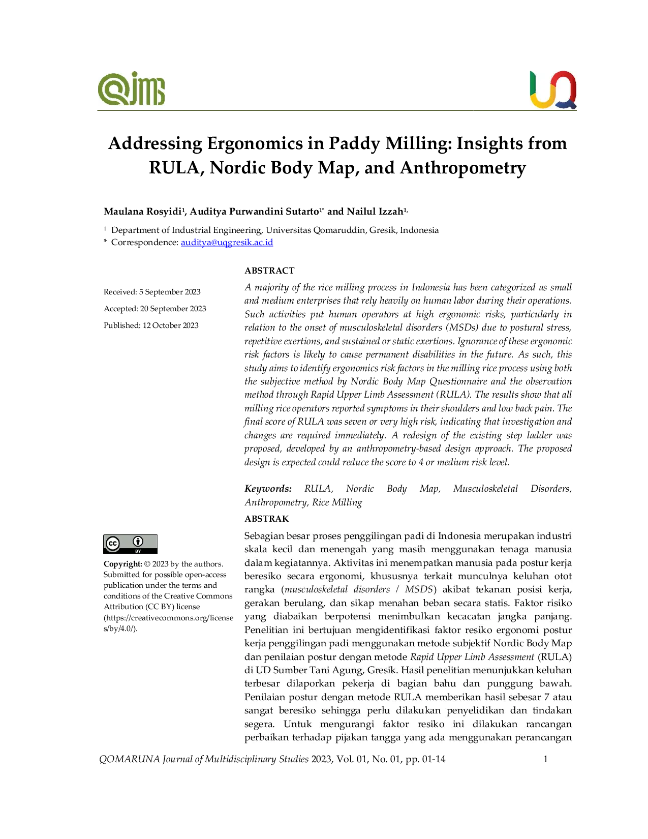 JURIS Addressing Ergonomics in Paddy Milling Insights from RULA Nordic Body Map and Anthropometry