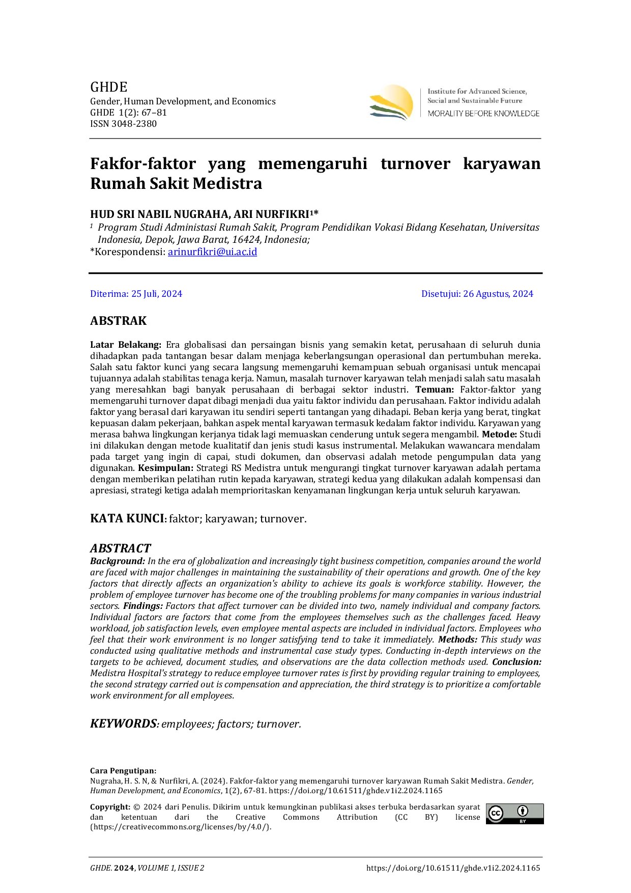 JURIS Fakfor faktor yang memengaruhi turnover karyawan Rumah Sakit Medistra