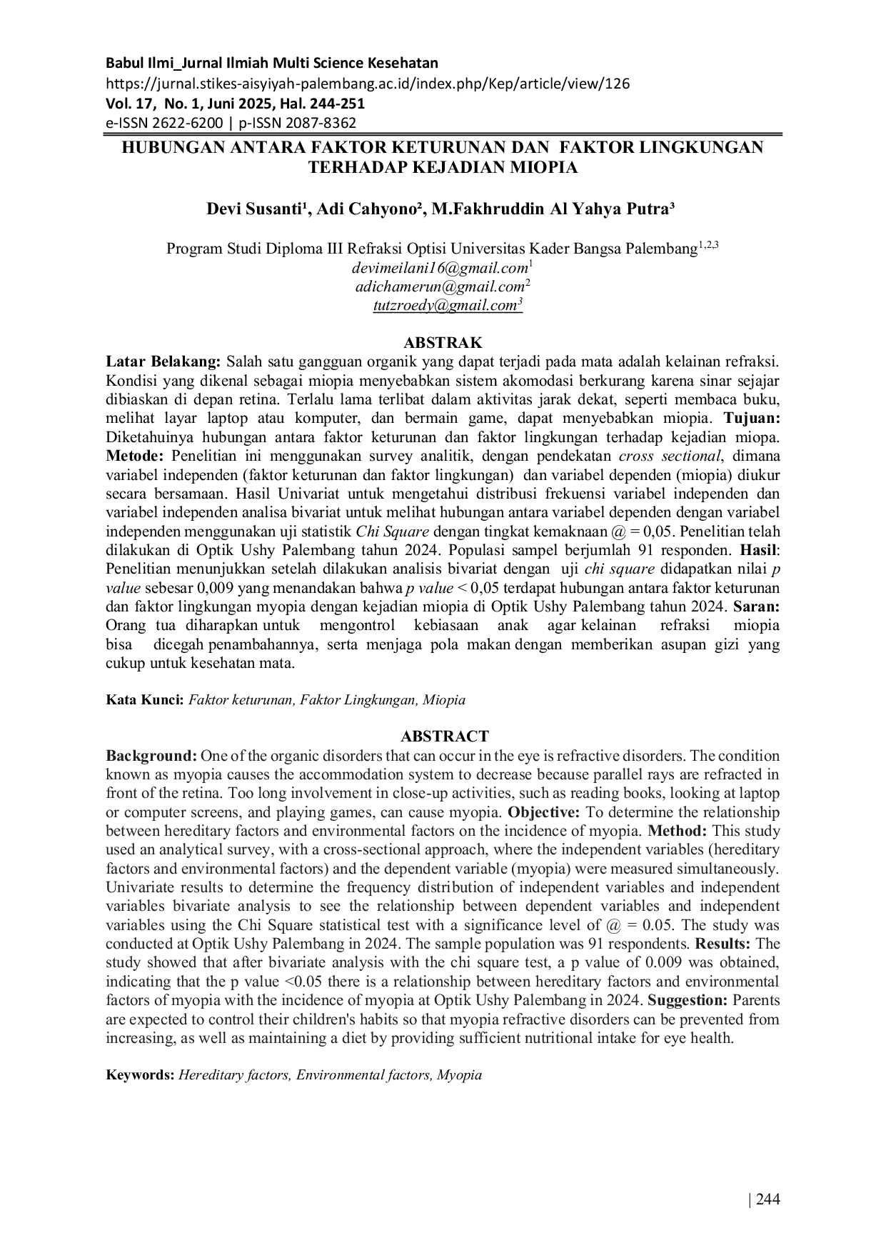 JURIS Hubungan Antara Faktor Keturunan Dan Faktor Lingkungan Terhadap Kejadian Miopia