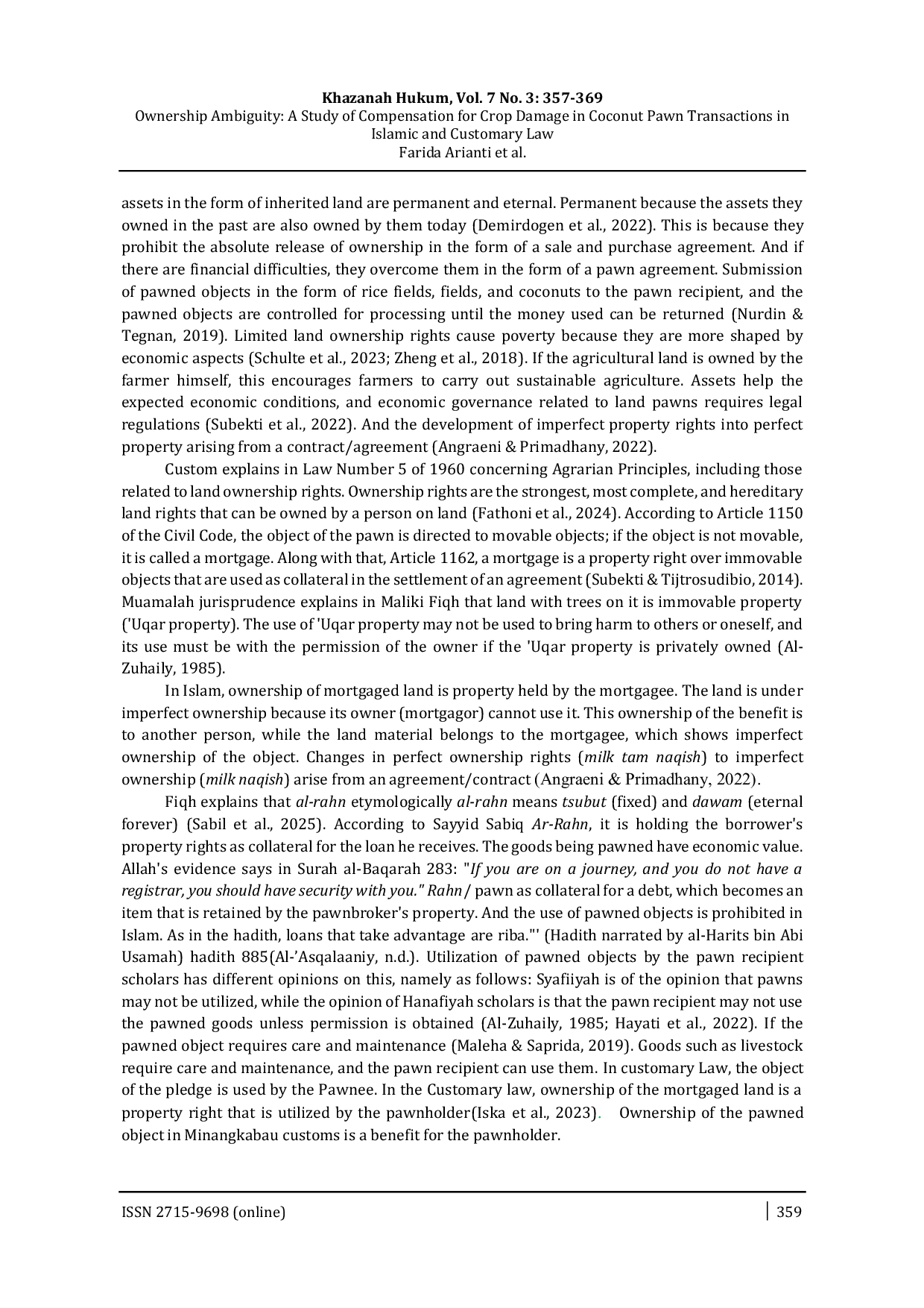 JURIS Ownership Ambiguity A Study of Compensation for Crop Damage in Coconut Pawn Transactions in Islamic and Customary Law