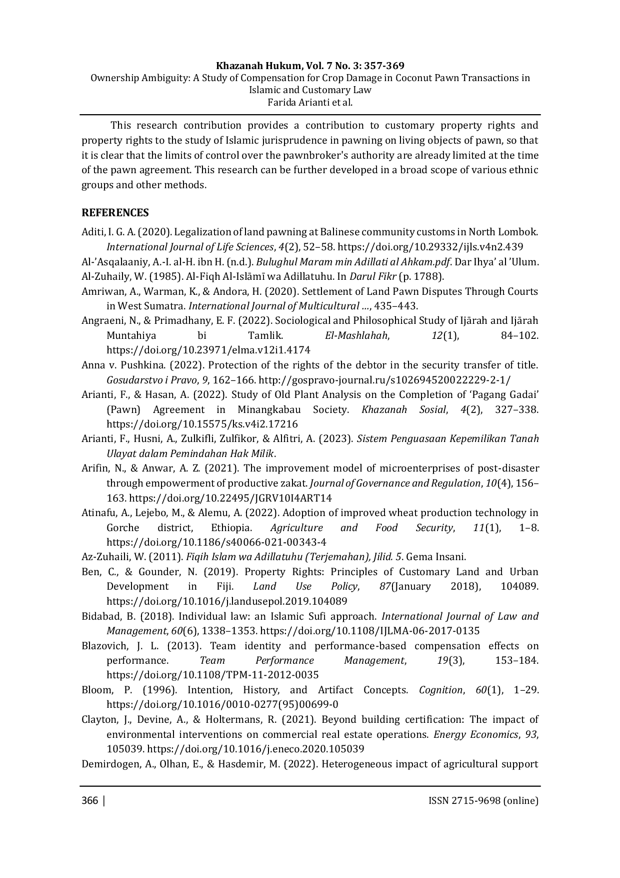JURIS Ownership Ambiguity A Study of Compensation for Crop Damage in Coconut Pawn Transactions in Islamic and Customary Law