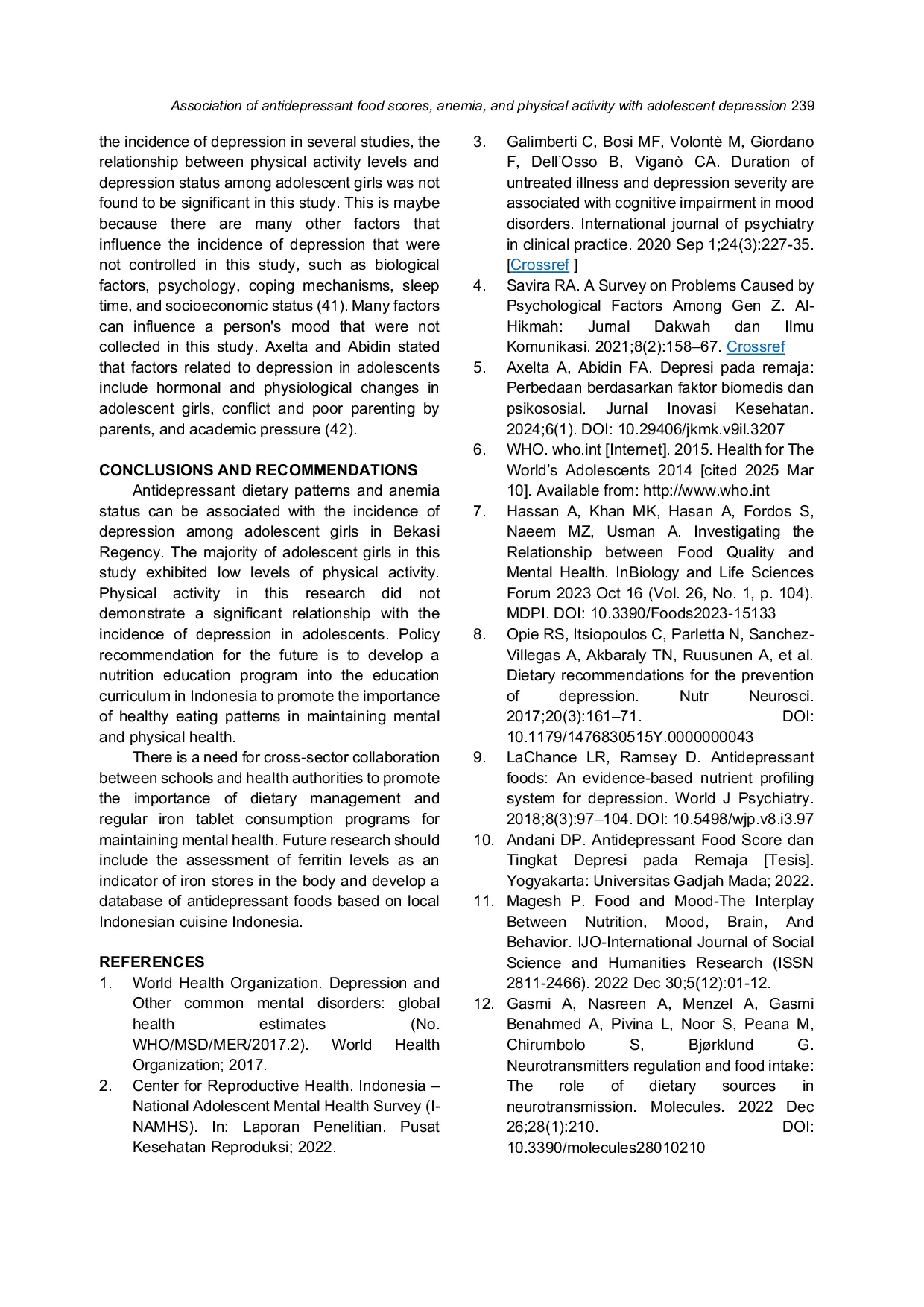JURIS Association of Antidepressant Food Scores Anemia and Physical Activity with Adolescent Depression