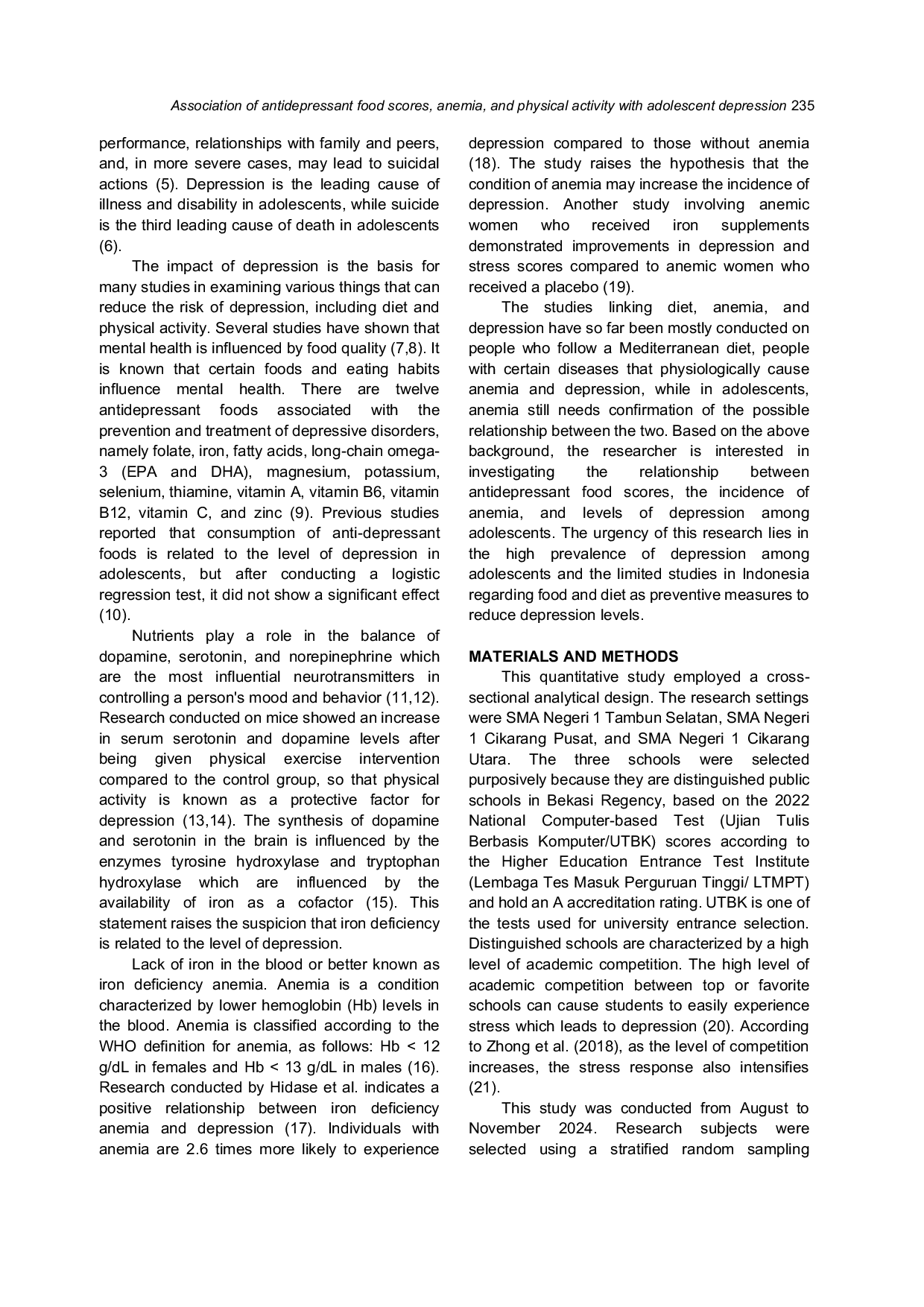 JURIS Association of Antidepressant Food Scores Anemia and Physical Activity with Adolescent Depression