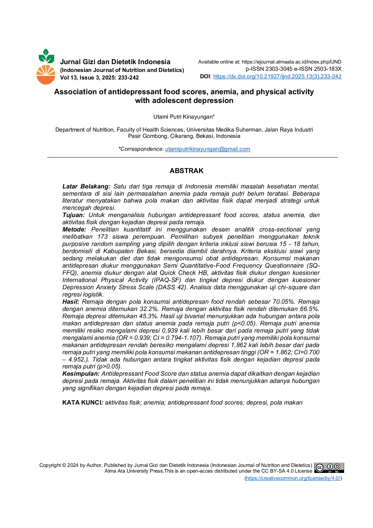 JURIS Association of Antidepressant Food Scores Anemia and Physical Activity with Adolescent Depression