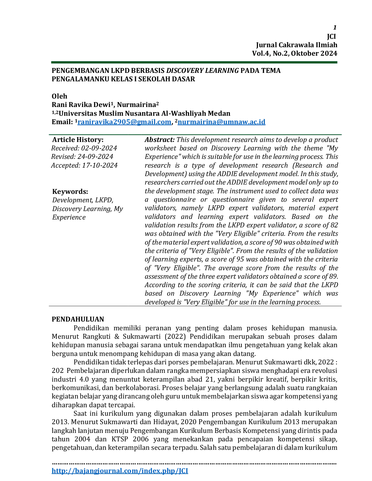JURIS Pengembangan LKPD Berbasis Discovery Learning Pada Tema Pengalamanku Kelas I Sekolah Dasar