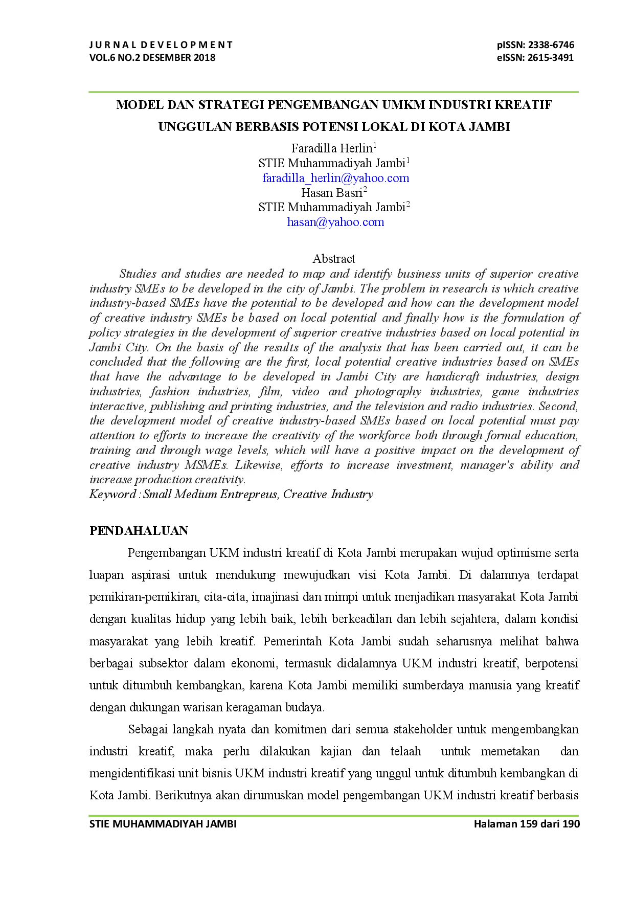 juris Model and Strategy for the Development of Superior Creative Industry SMEs Based on Local Potential in Jambi City