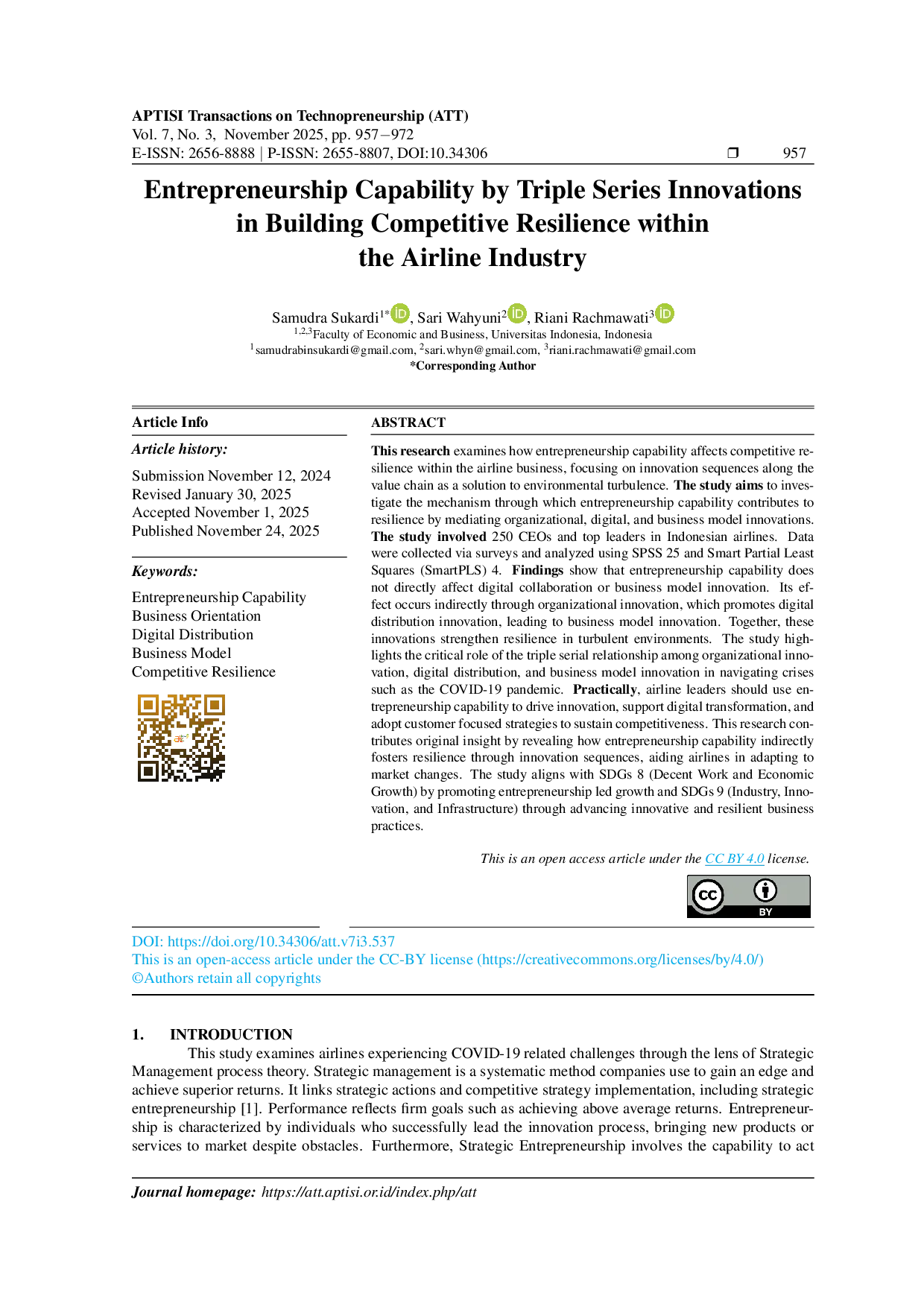 JURIS Entrepreneurship Capability by Triple Series Innovations in Building Competitive Resilience within the Airline Industry