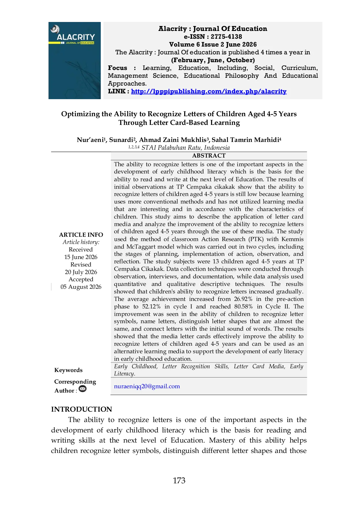 JURIS Optimizing the Ability to Recognize Letters of Children Aged 4 5 Years Through Letter Card Based Learning