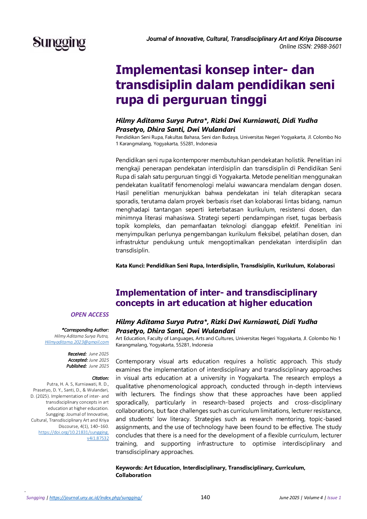 JURIS Implementation of inter and transdisciplinary concepts in art education at higher education Implementasi konsep inter dan transdisiplin dalam pendidikan seni rupa di perguruan tinggi
