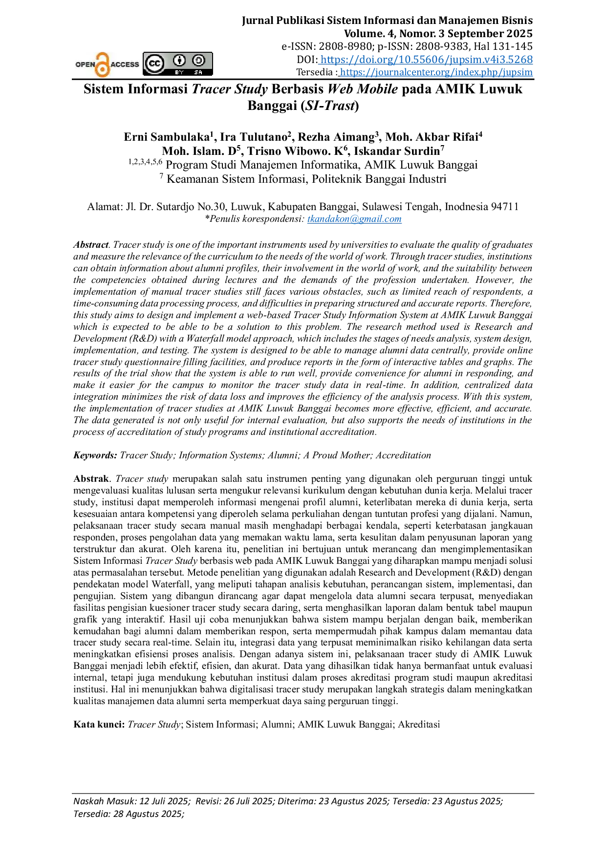 JURIS Sistem Informasi Tracer Study Berbasis Web Mobile pada AMIK Luwuk Banggai SI Trast