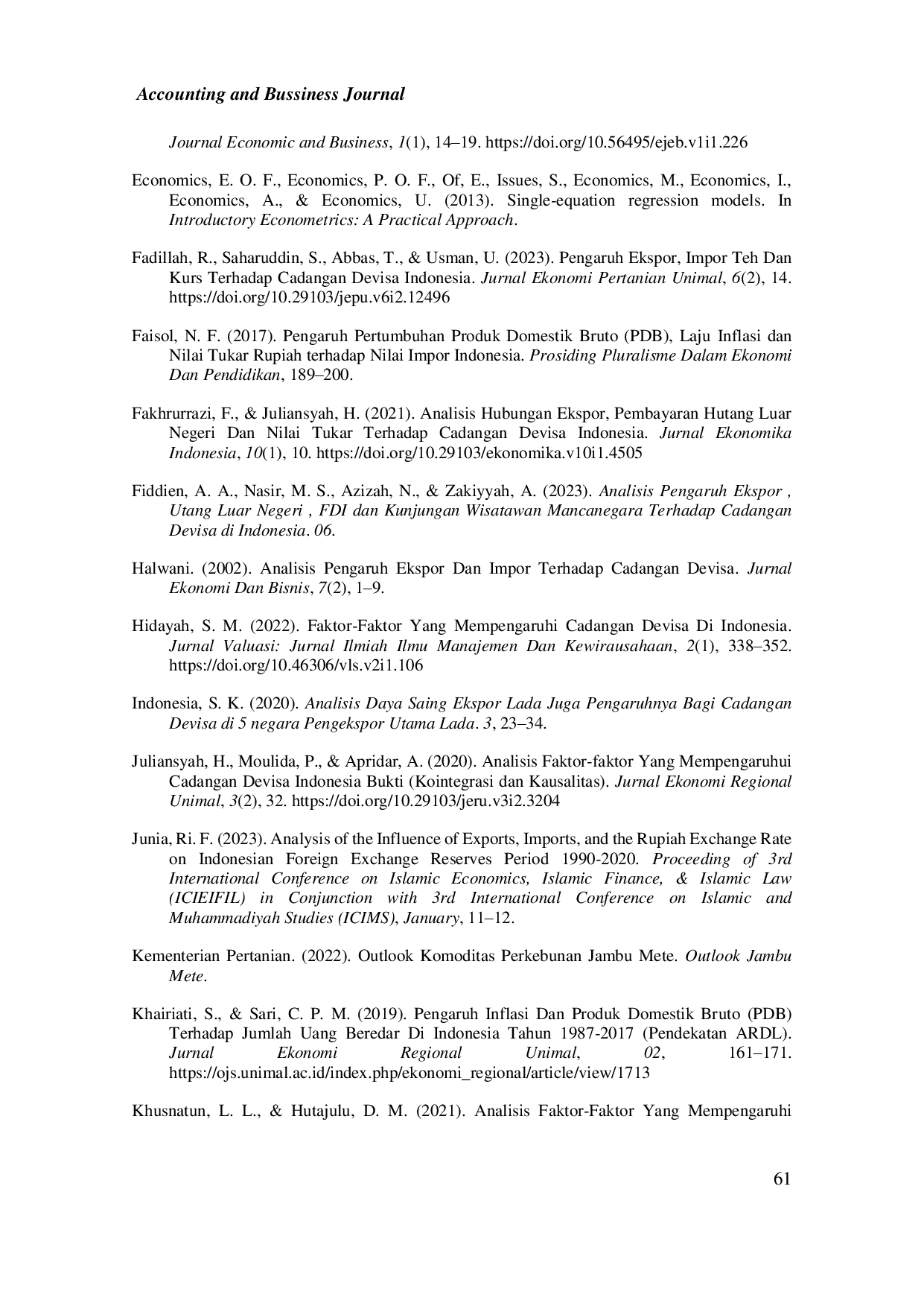 JURIS THE EFFECT OF CASHEW NUT EXPORTS GROSS DOMESTIC PRODUCT GDP AND EXCHANGE RATE ON INDONESIA S FOREIGN EXCHANGE RESERVES