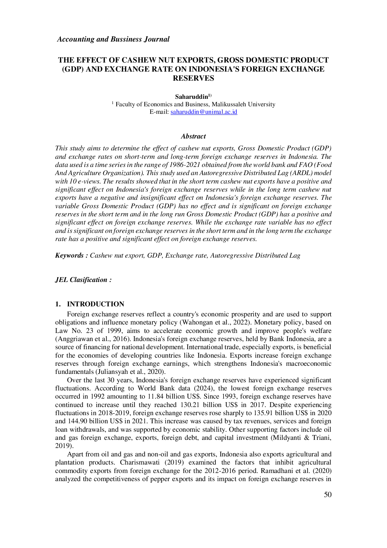 JURIS THE EFFECT OF CASHEW NUT EXPORTS GROSS DOMESTIC PRODUCT GDP AND EXCHANGE RATE ON INDONESIA S FOREIGN EXCHANGE RESERVES