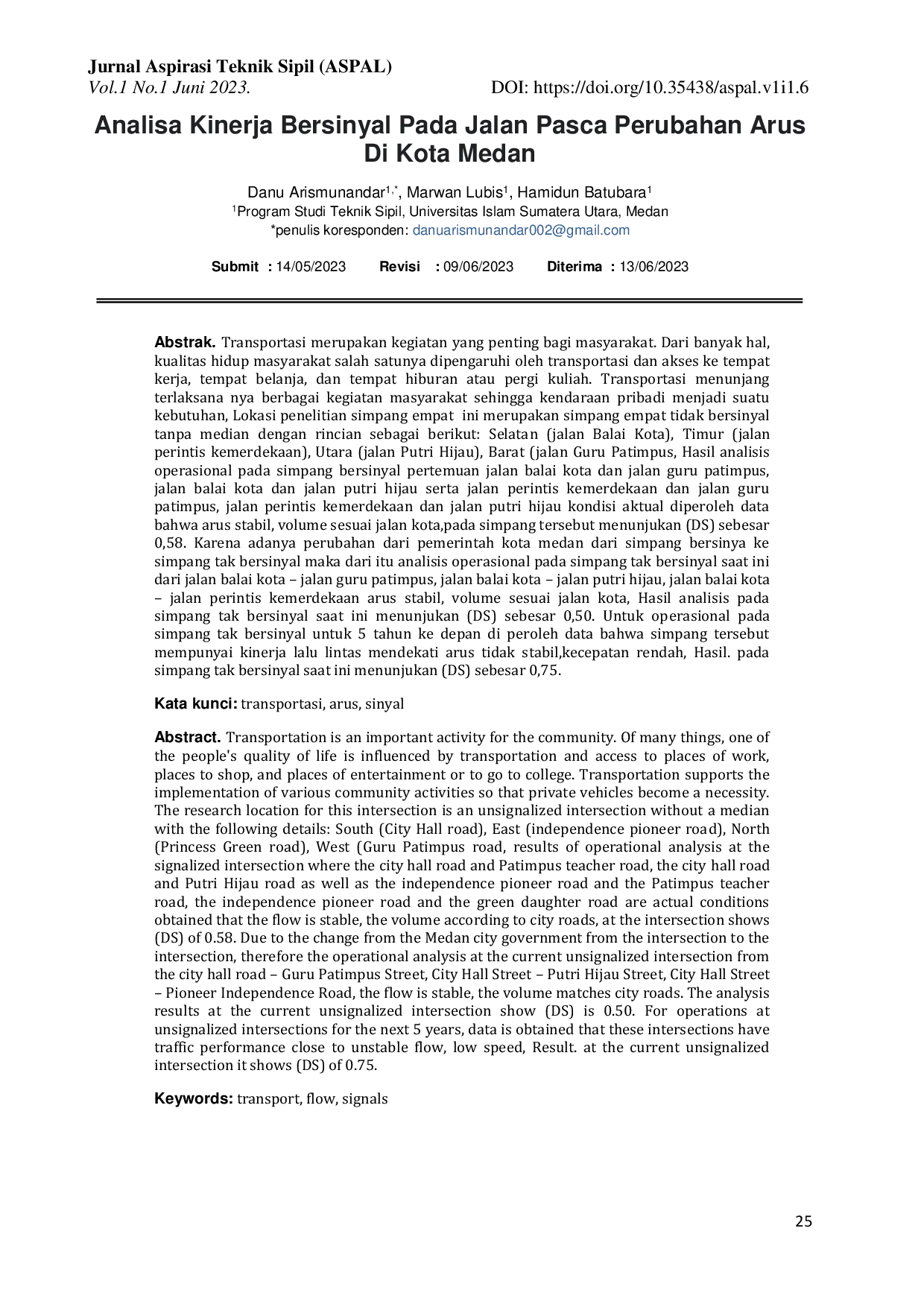 JURIS Analisa Kinerja Bersinyal Pada Jalan Pasca Perubahan Arus Di Kota Medan