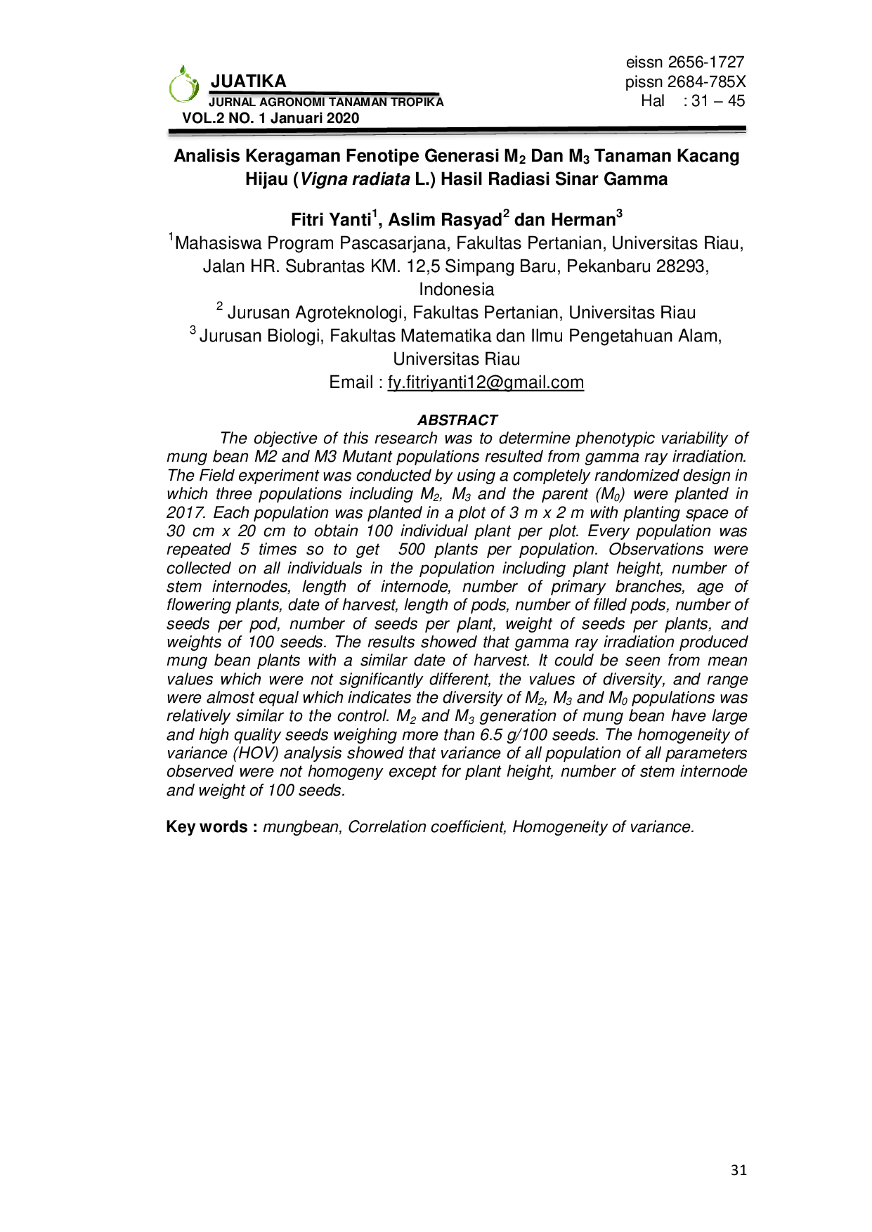 JURIS Generational Analysis of Generations of M2 and M3 of Green Beans crop Vigna radiata L Gamma ray Radiation Results